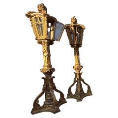 Pair of French Louis XV Style Carved Giltwood Street Lamps with Rococo Lanterns