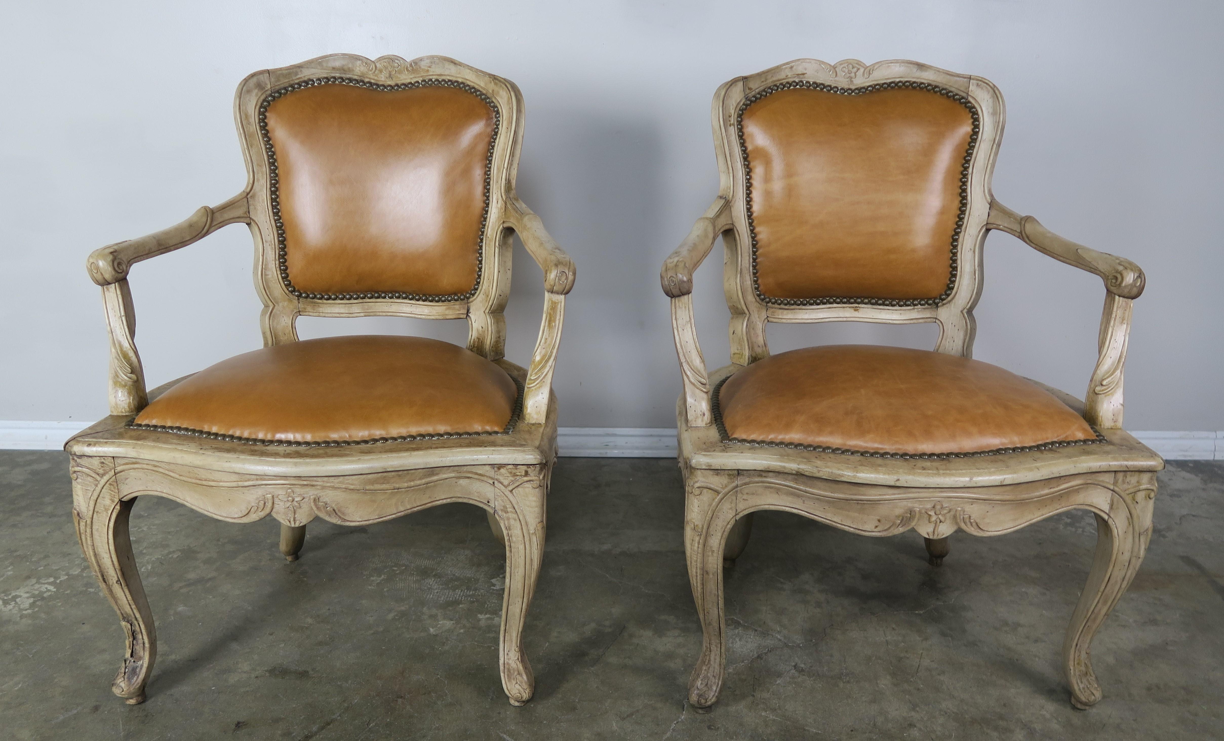 Pair of French Louis XV Style Carved Bleached Walnut and Leather Armchairs 8