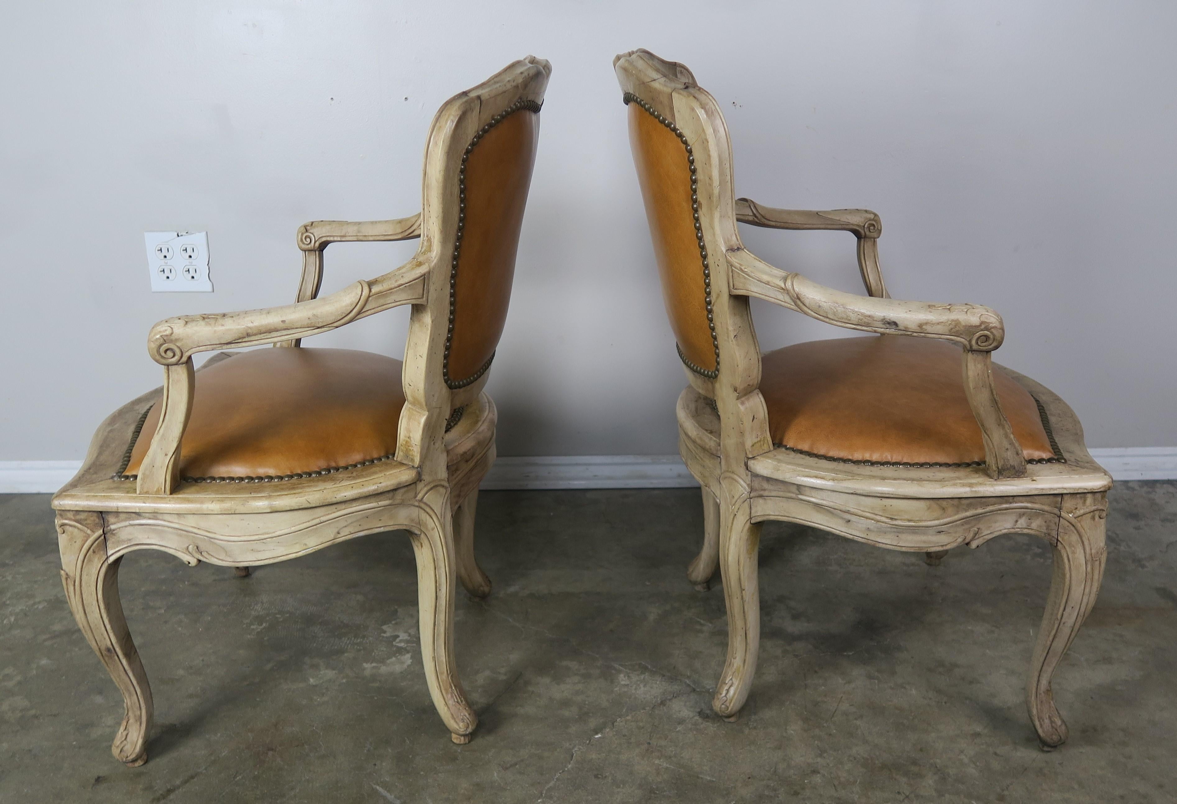 Pair of French Louis XV Style Carved Bleached Walnut and Leather Armchairs 4