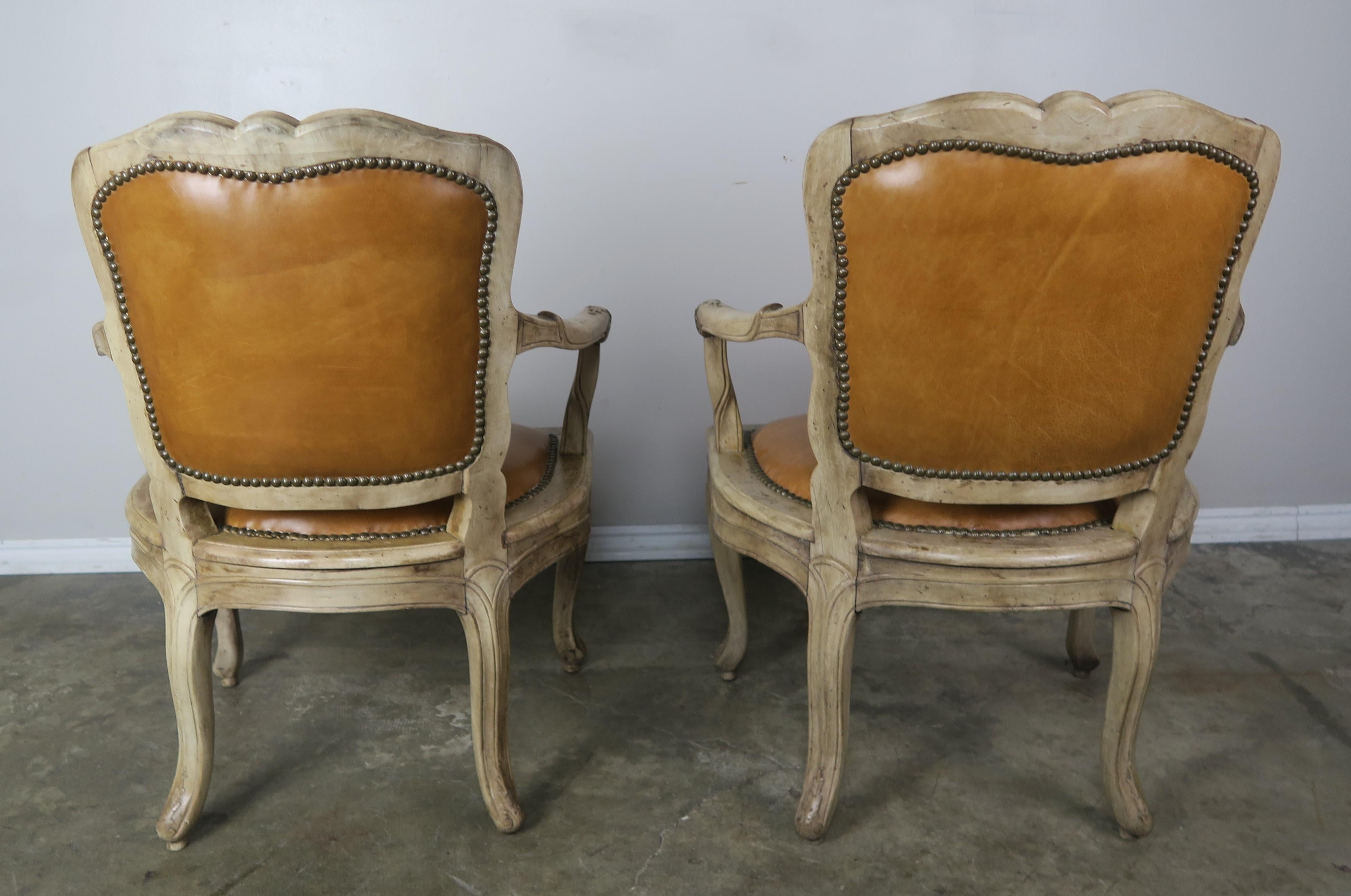 Pair of French Louis XV Style Carved Bleached Walnut and Leather Armchairs 5