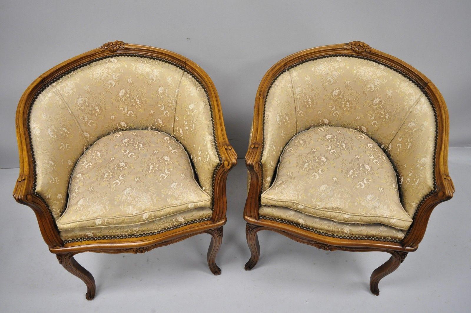 Pair of French Louis XV Style Carved Walnut Barrel Back Boudoir Chairs 3