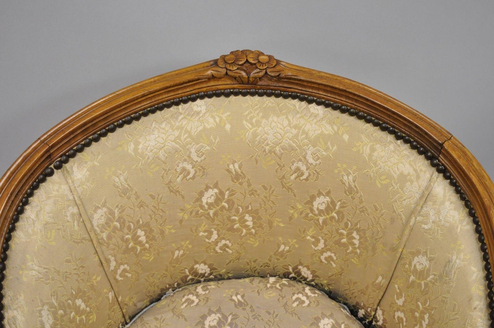 Pair of French Louis XV Style Carved Walnut Barrel Back Boudoir Chairs In Good Condition In Philadelphia, PA