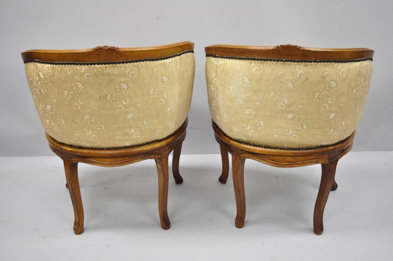 Pair of French Louis XV Style Carved Walnut Barrel Back Boudoir Chairs 2