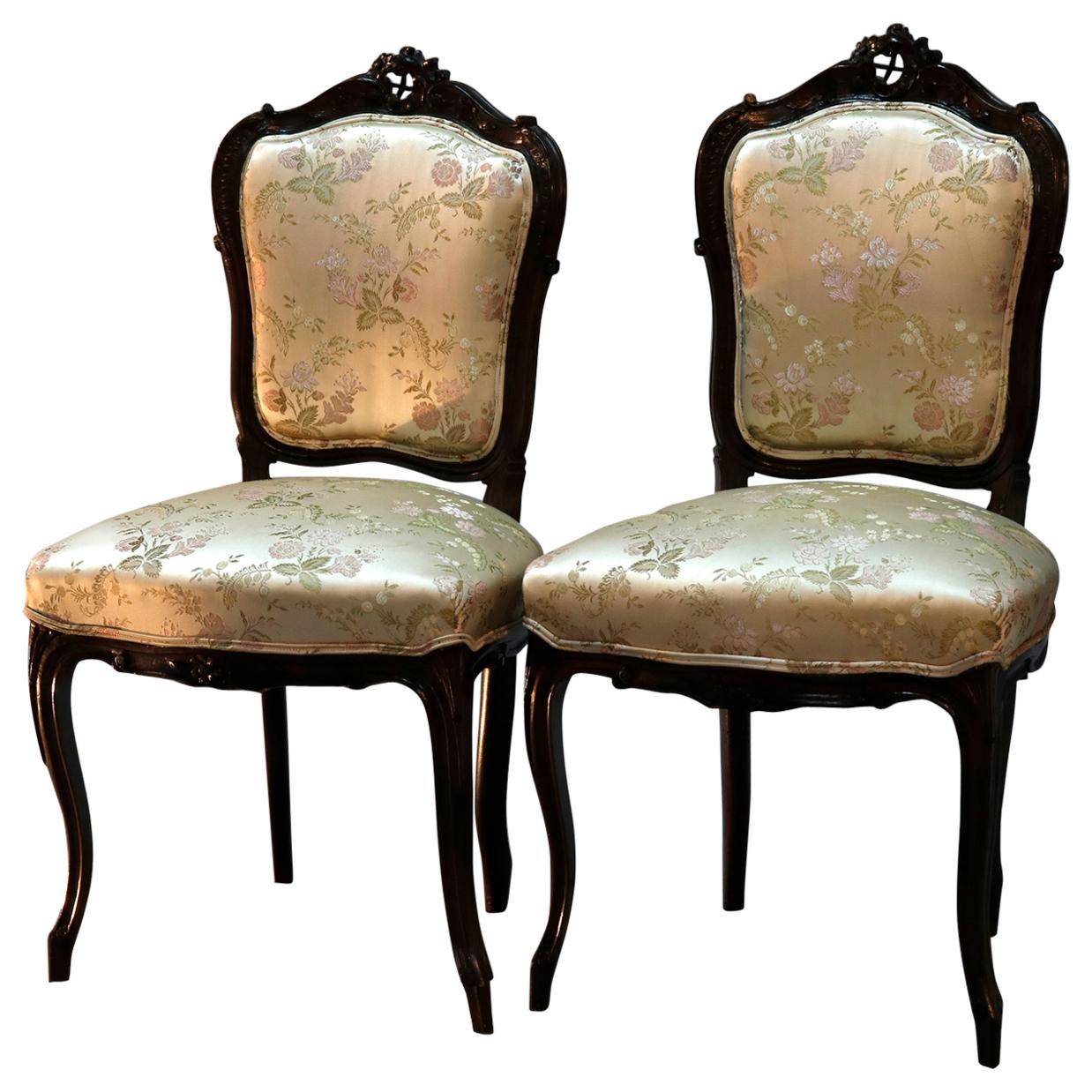Pair of French Louis XV Style Carved Walnut Parlor Side Chairs, circa 1890
