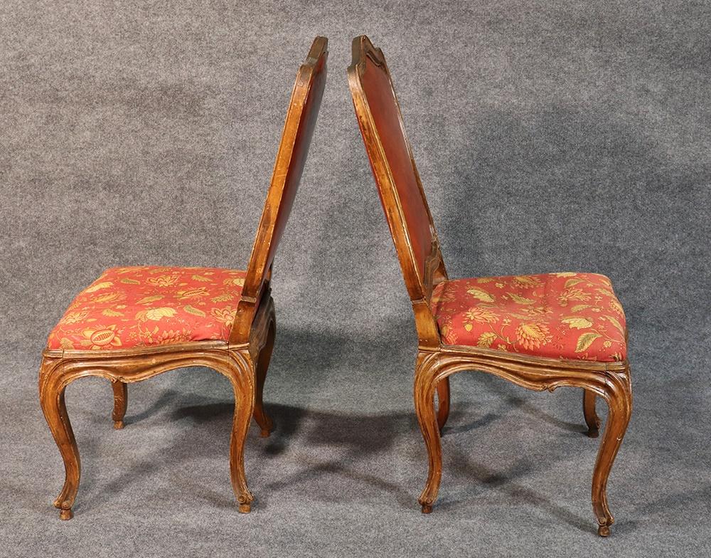 Leather Pair of French Louis XV Style Carved Walnut Tall Back Side Chairs