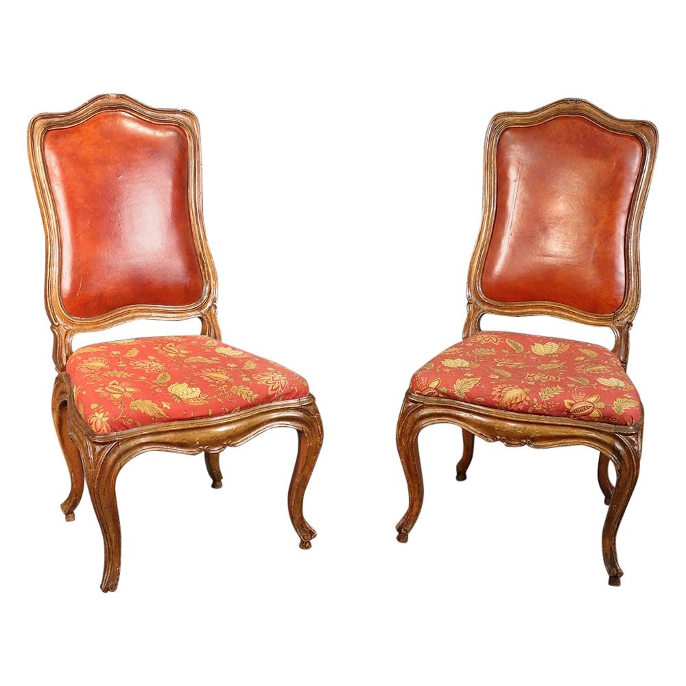 Pair of French Louis XV Style Carved Walnut Tall Back Side Chairs