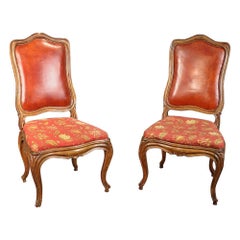 Antique Pair of French Louis XV Style Carved Walnut Tall Back Side Chairs