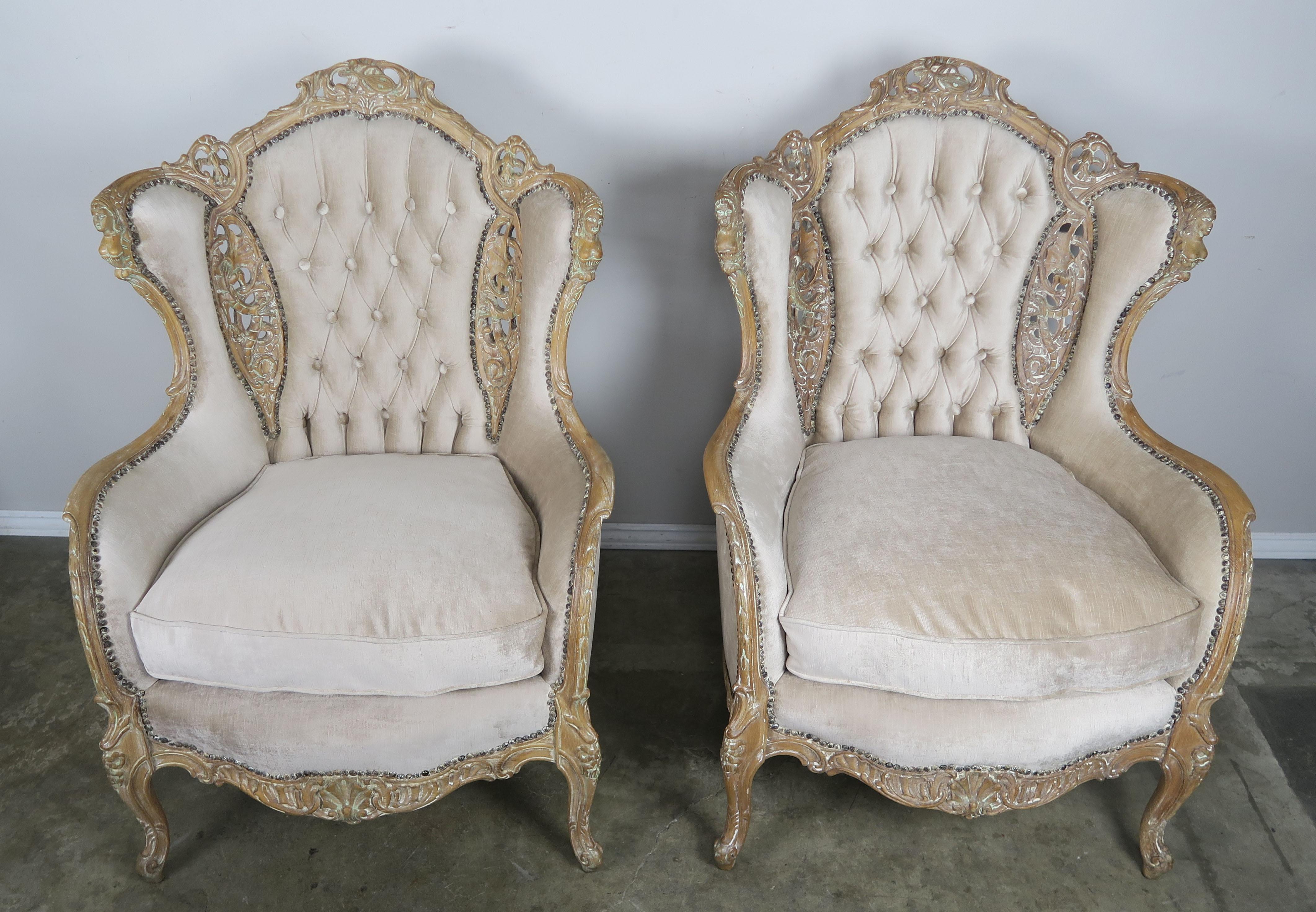 Pair of French Louis XV Style Cream Velvet Upholstered Bergeres, circa 1930s 2