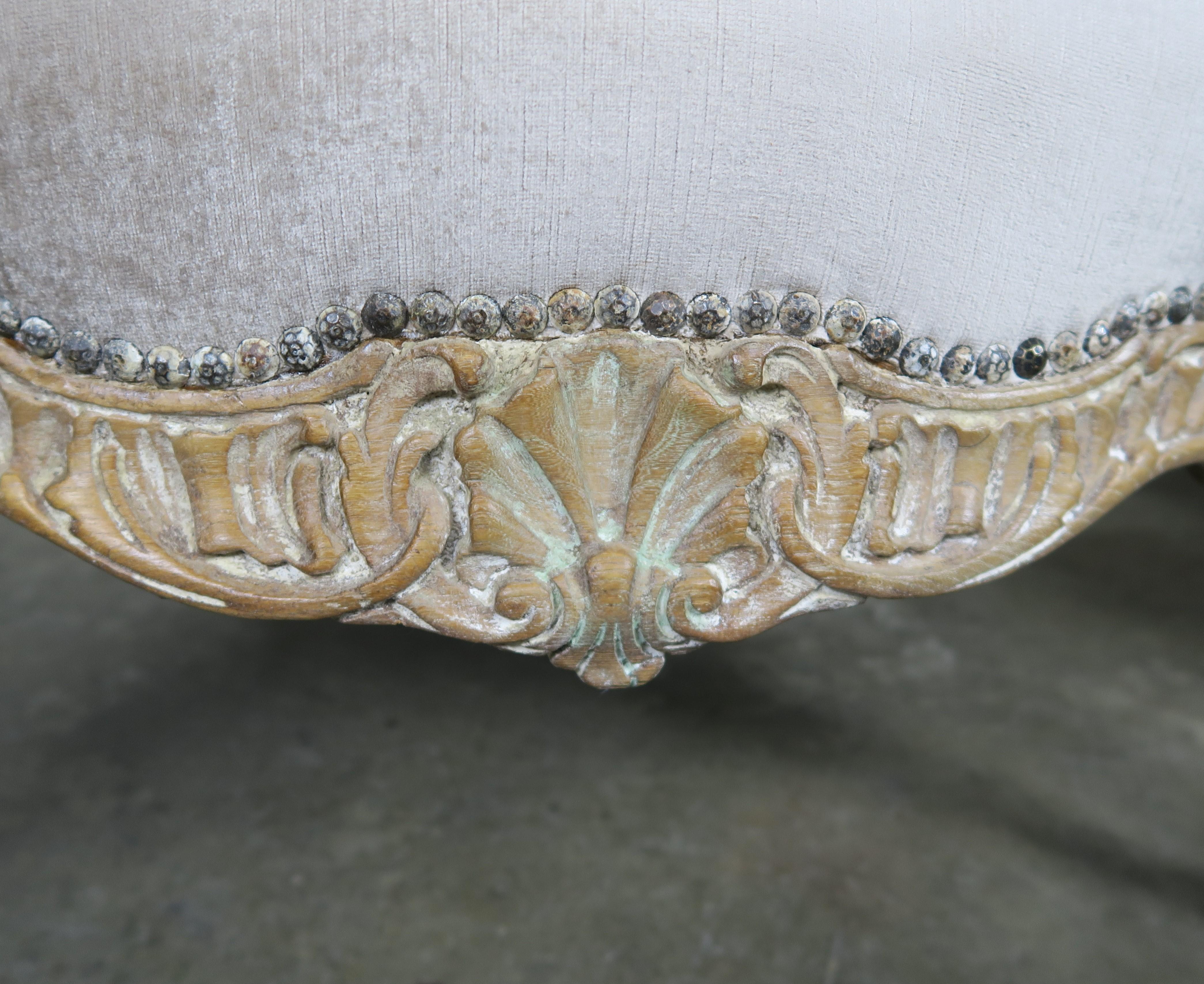 Bleached Pair of French Louis XV Style Cream Velvet Upholstered Bergeres, circa 1930s