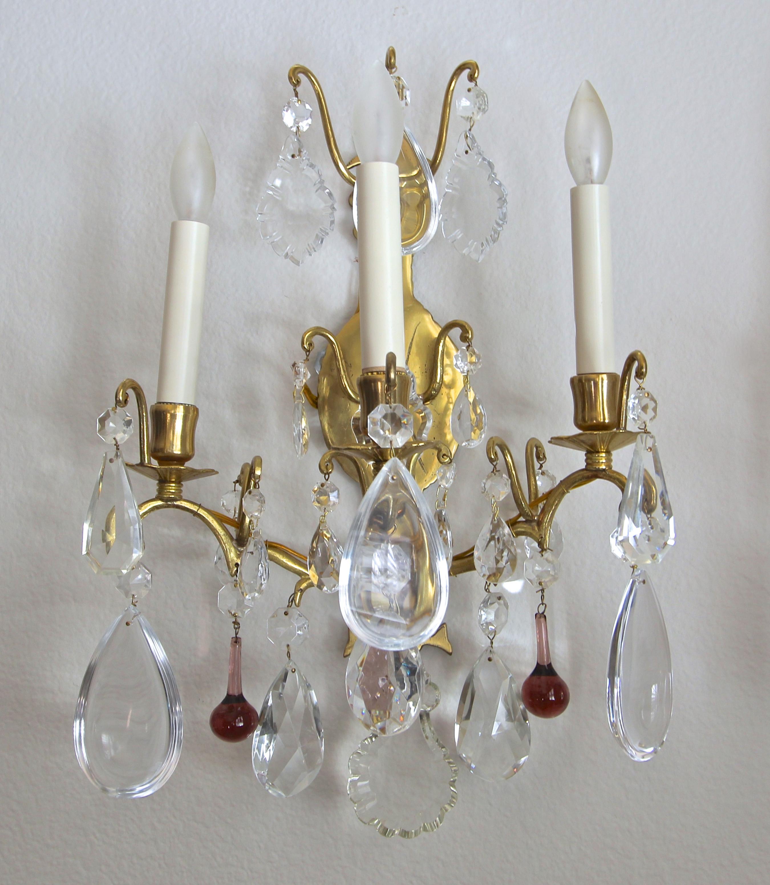 Pair of French Louis XV Style Crystal Brass Wall Light Sconces 6