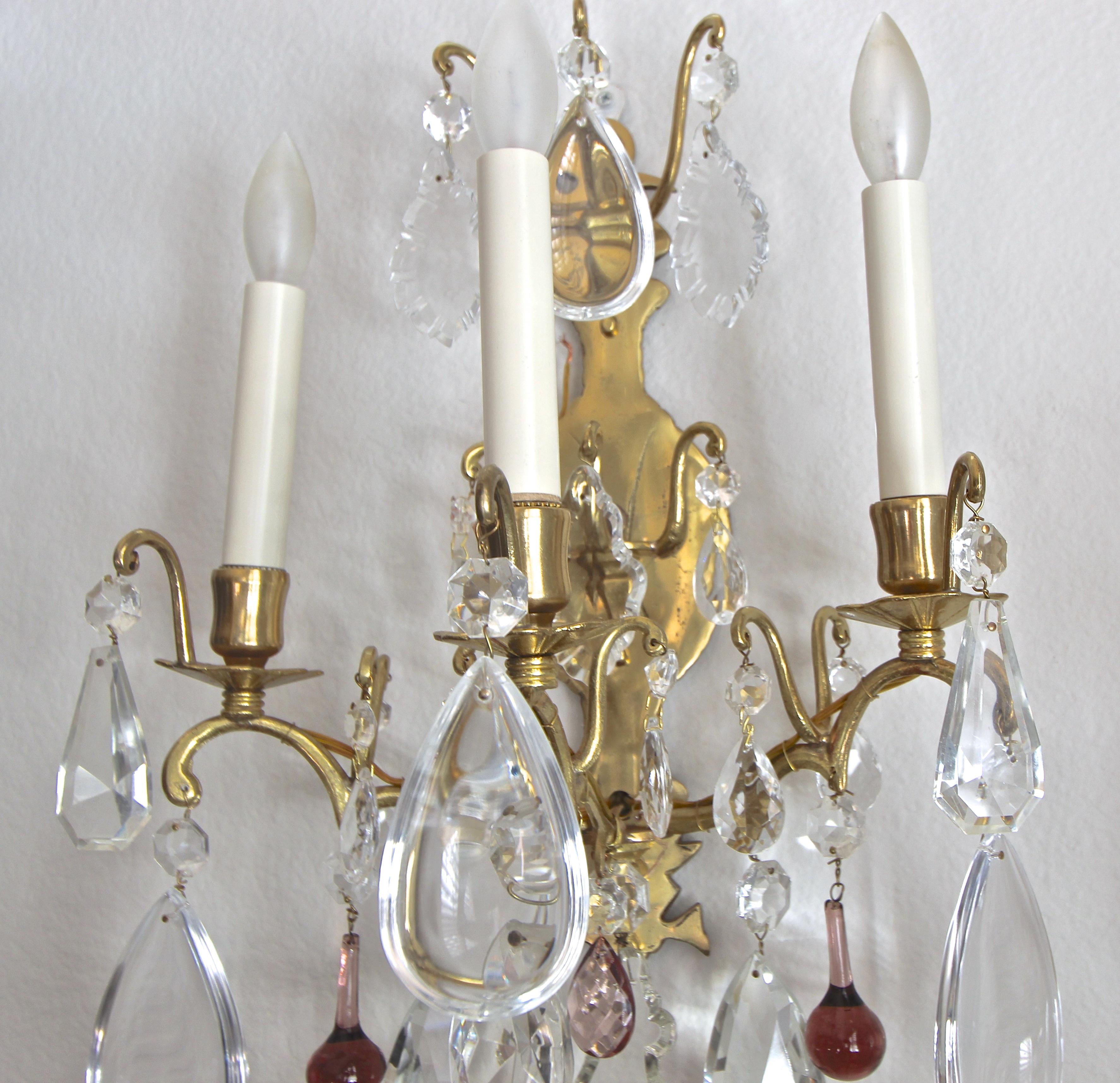 Pair of French Louis XV Style Crystal Brass Wall Light Sconces 7