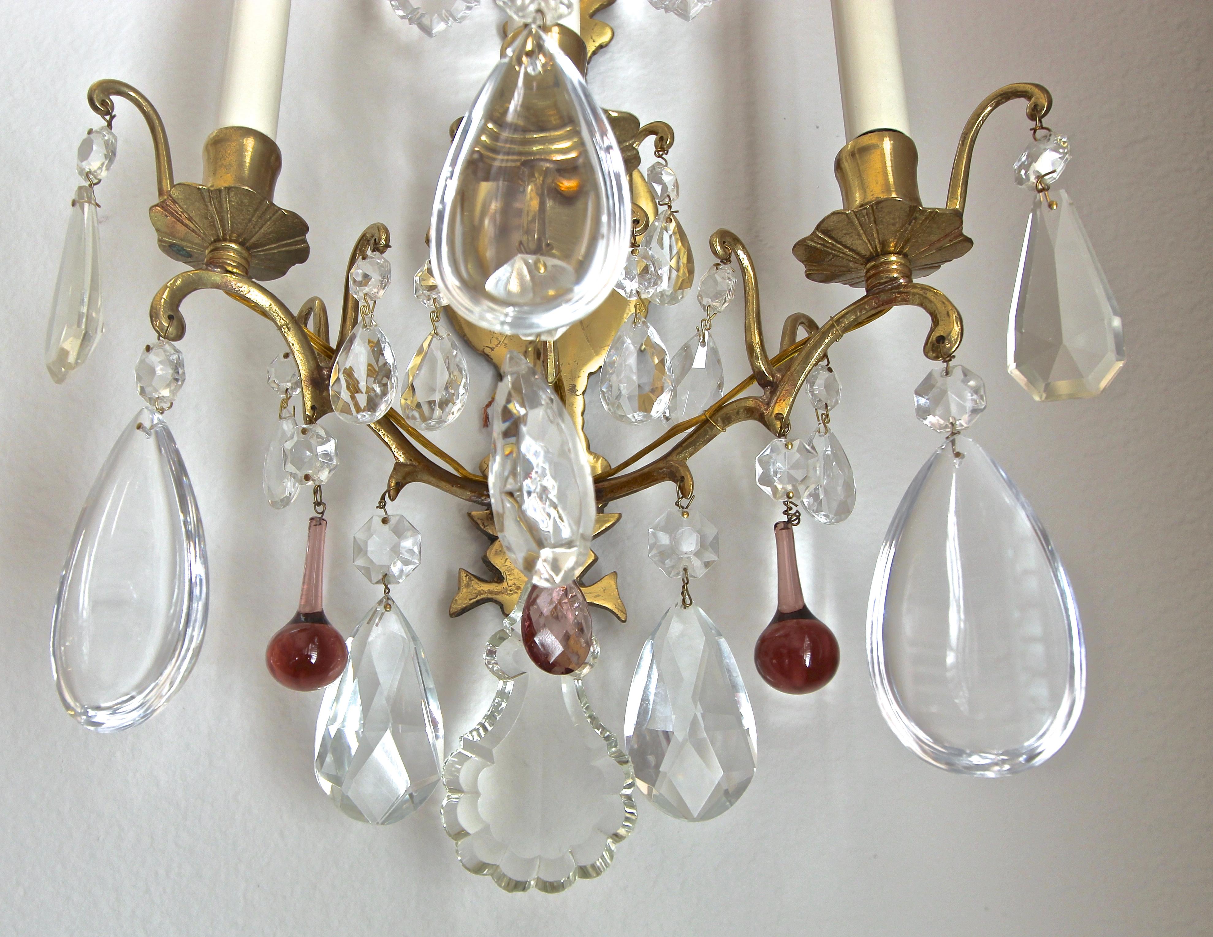 Pair of French Louis XV Style Crystal Brass Wall Light Sconces 8