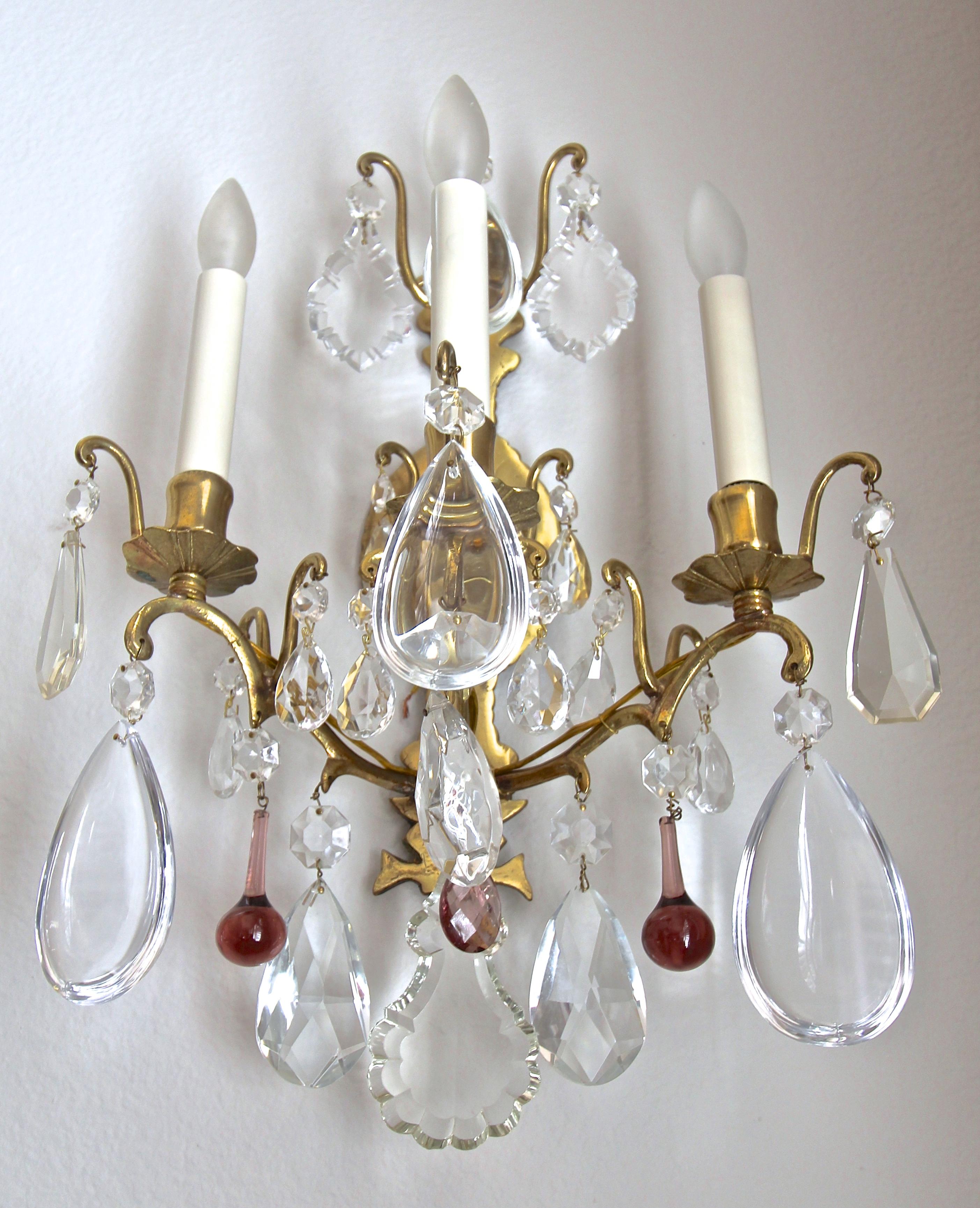 Pair of French Louis XV Style Crystal Brass Wall Light Sconces 9