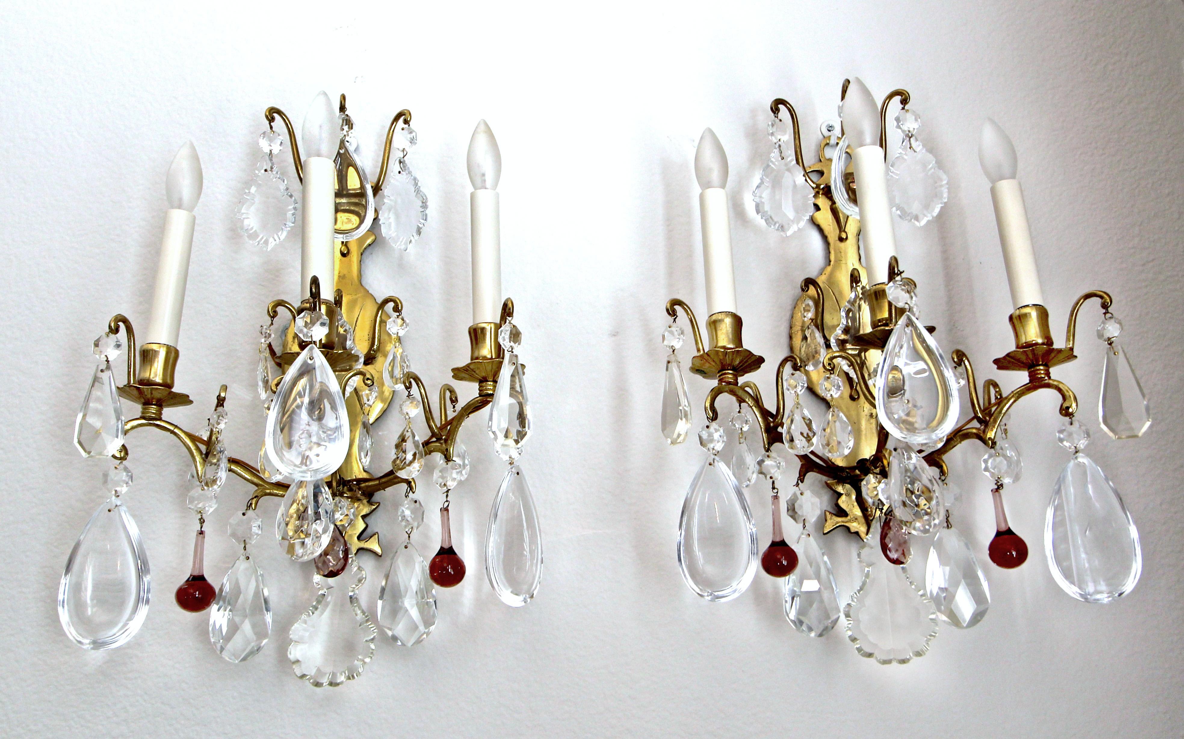Pair of French Louis XV Style Crystal Brass Wall Light Sconces 11
