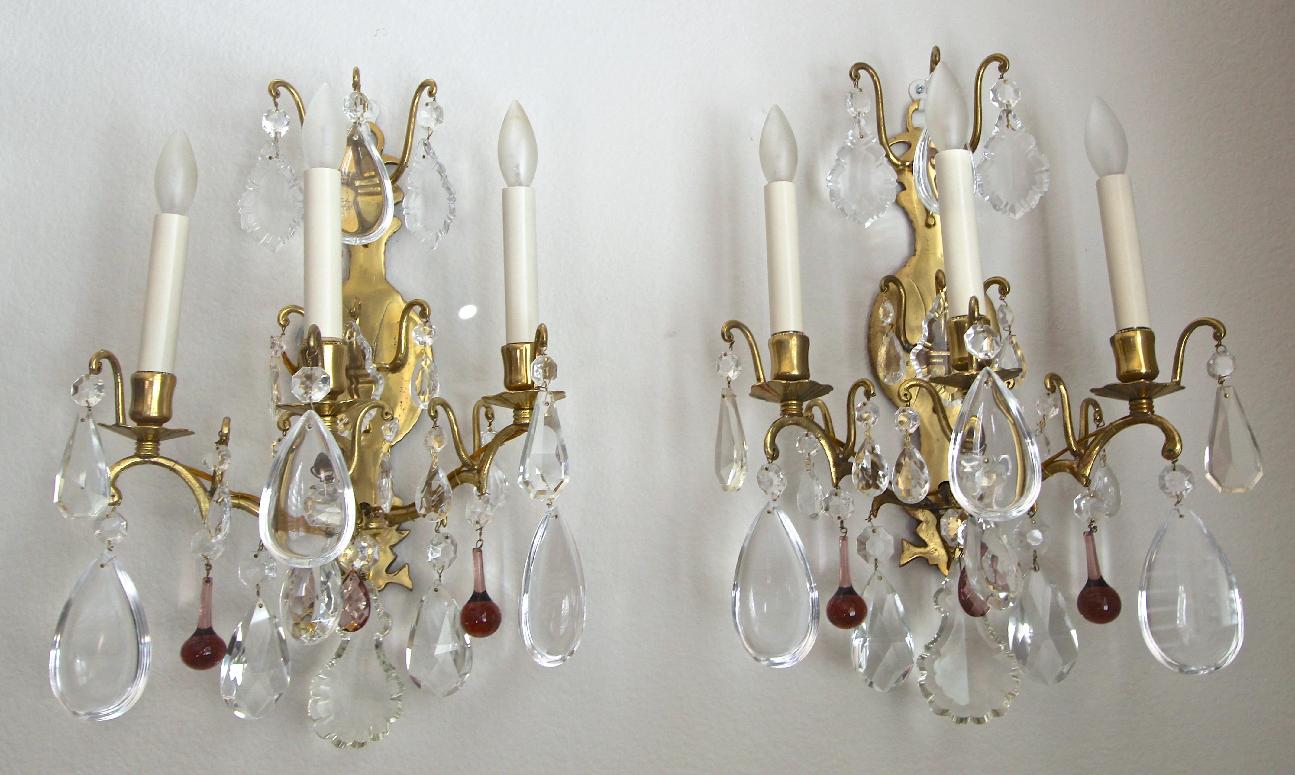 Pair of French Louis XV Style Crystal Brass Wall Light Sconces 1