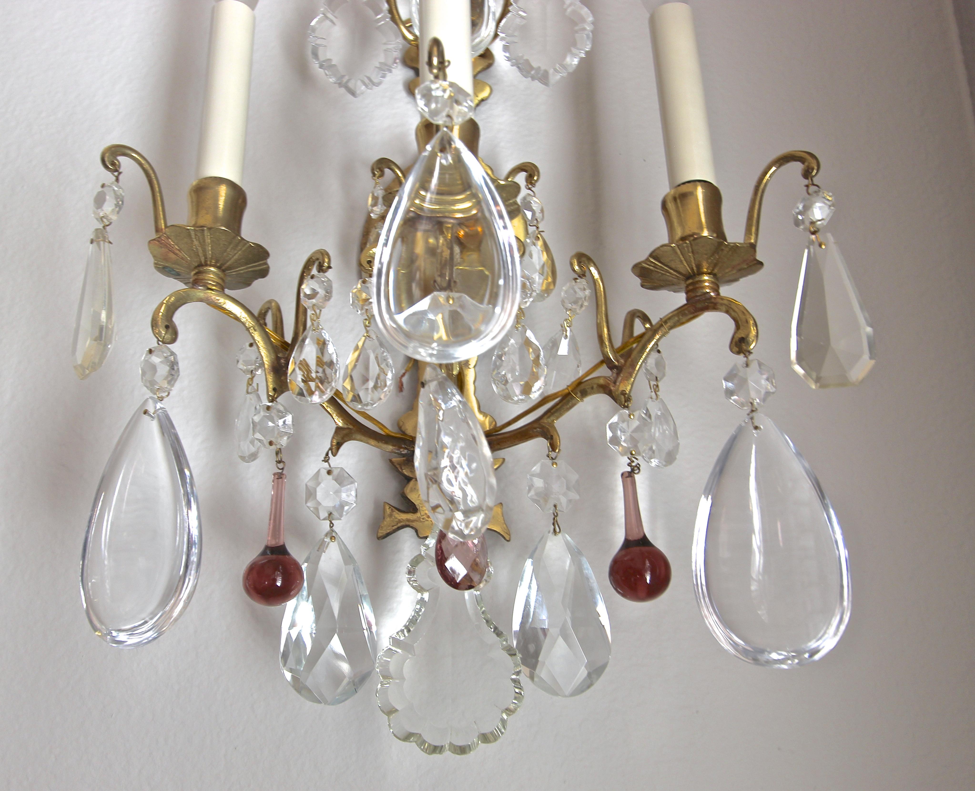Pair of French Louis XV Style Crystal Brass Wall Light Sconces 2