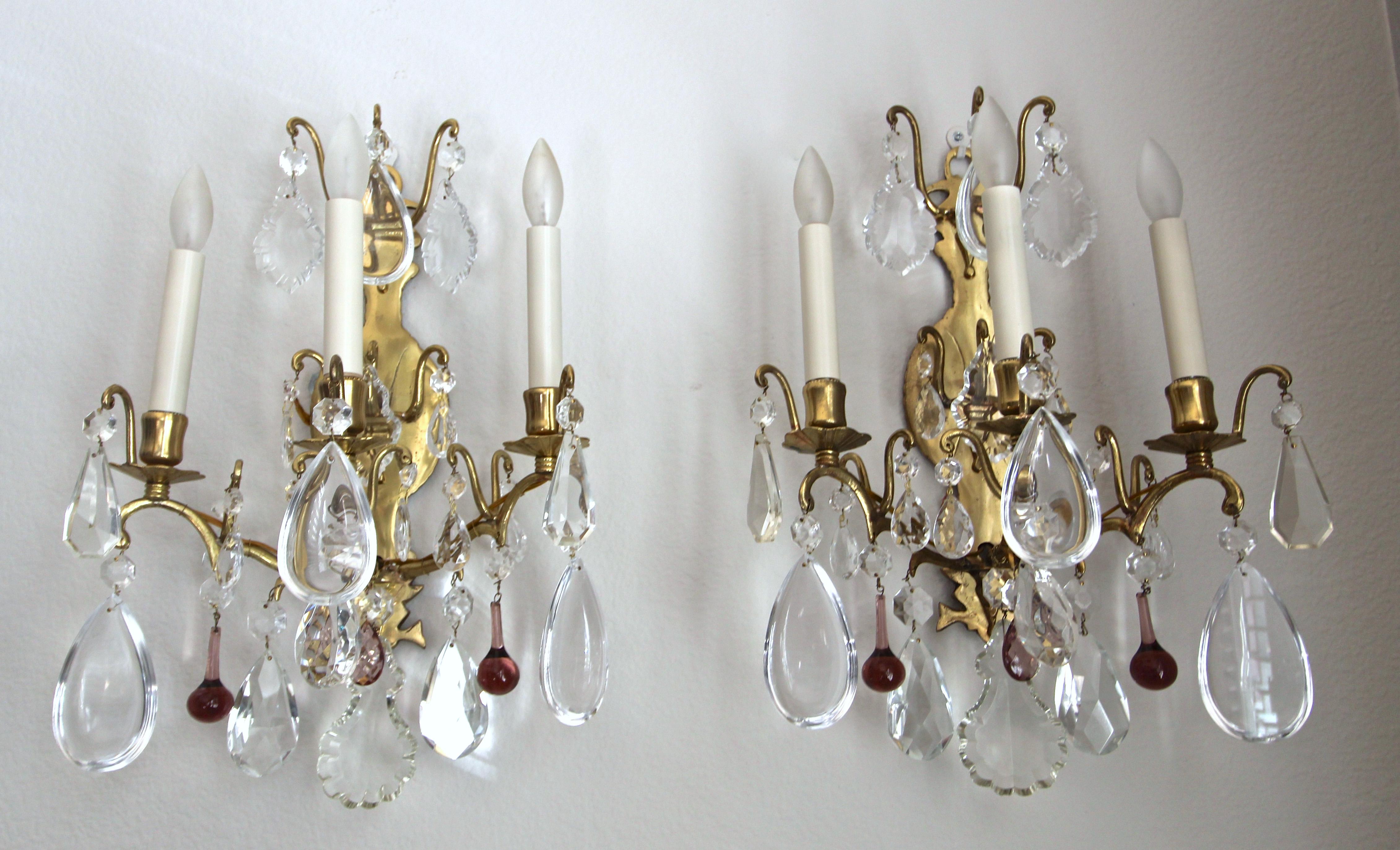 Pair of French Louis XV Style Crystal Brass Wall Light Sconces 3