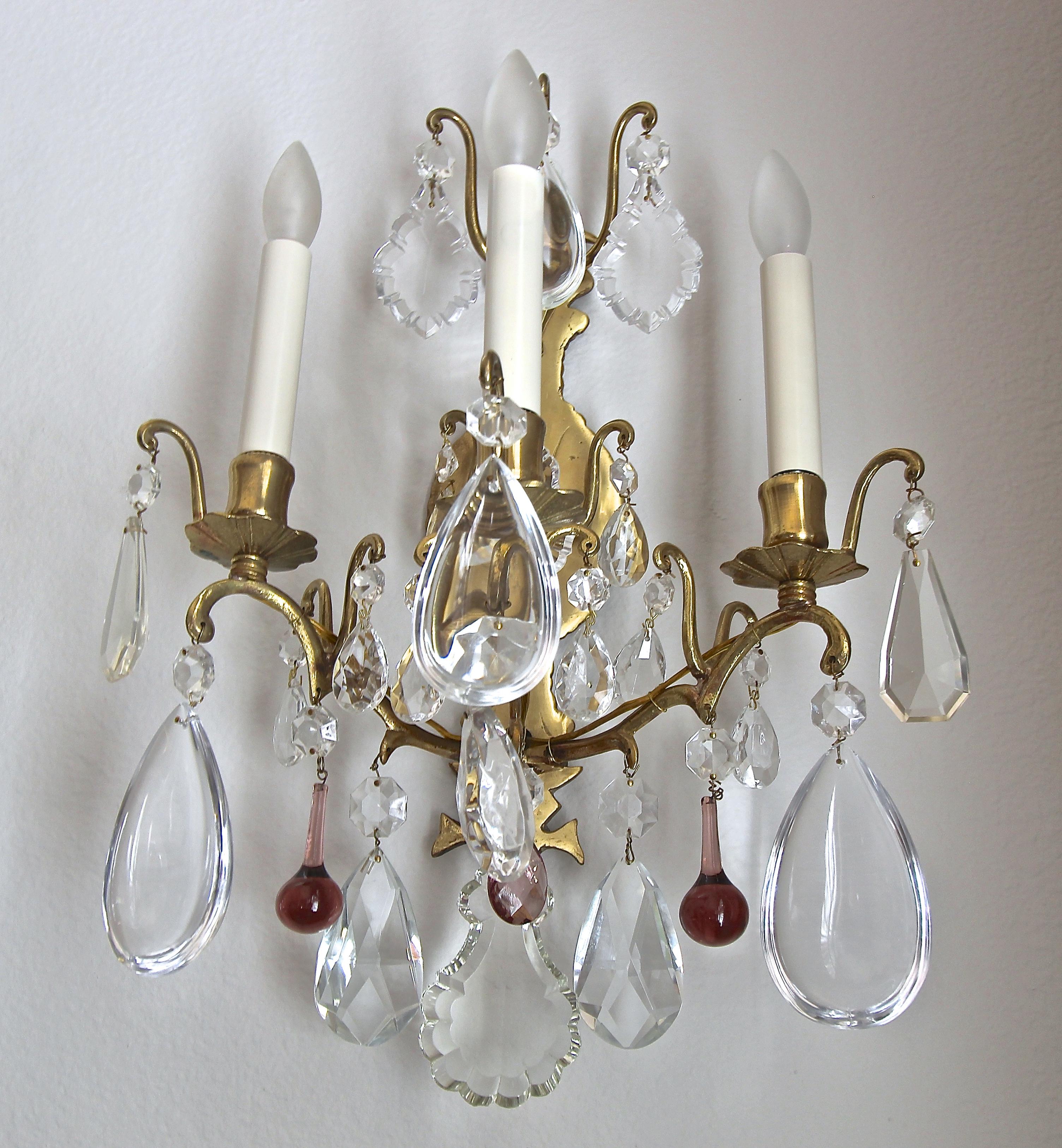 Pair of French Louis XV Style Crystal Brass Wall Light Sconces 4
