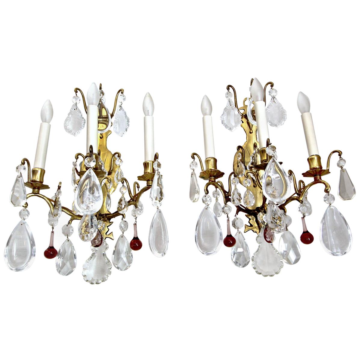 Pair of French Louis XV Style Crystal Brass Wall Light Sconces