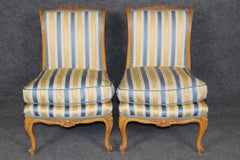 Pair of French Louis XV Style Distressed Accent Chairs With Striped Upholstery