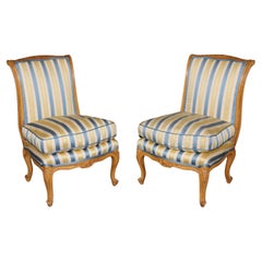 Pair of French Louis XV Style Distressed Accent Chairs With Striped Upholstery