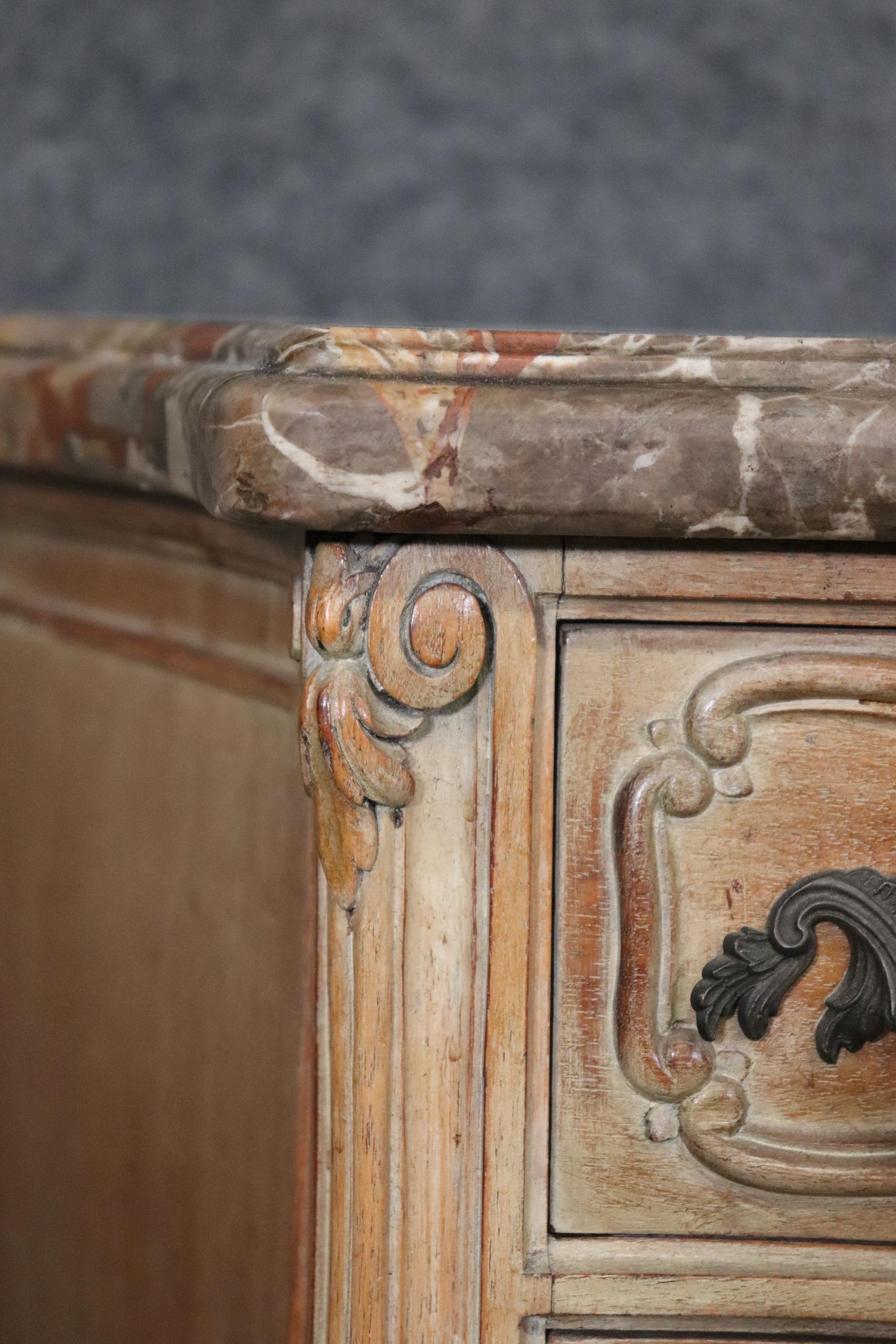 Pair of French Louis XV Style Distressed Marble Top Commodes Nightstands For Sale 5