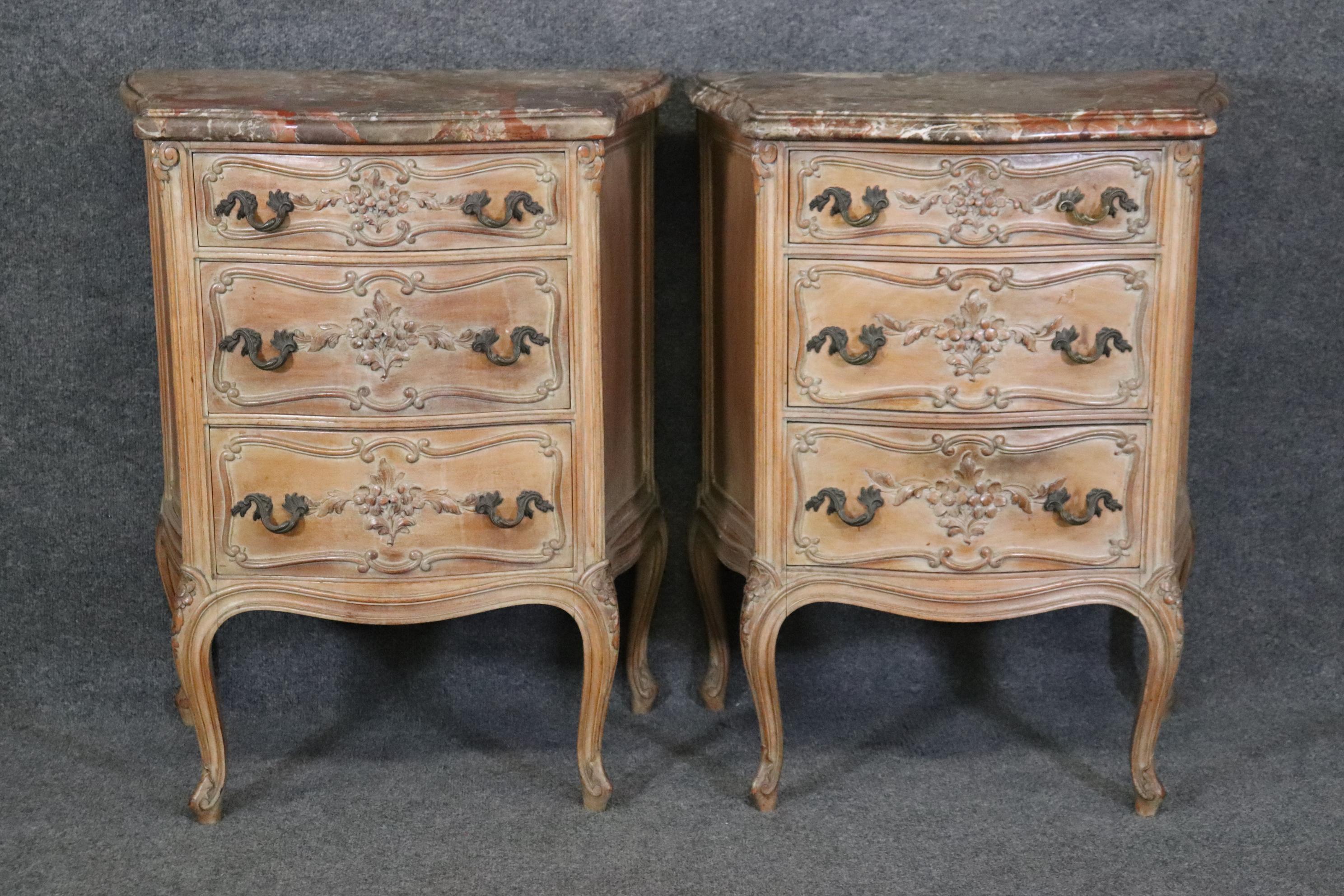 Dimensions: Height: 31 3/4in Width: 23 1/4in Depth: 15 1/4in 

This pair of vintage French Louis XV style marble top commodes, chests of drawers, nightstands is a great example of quality French furniture! If you look at the photos provided, you
