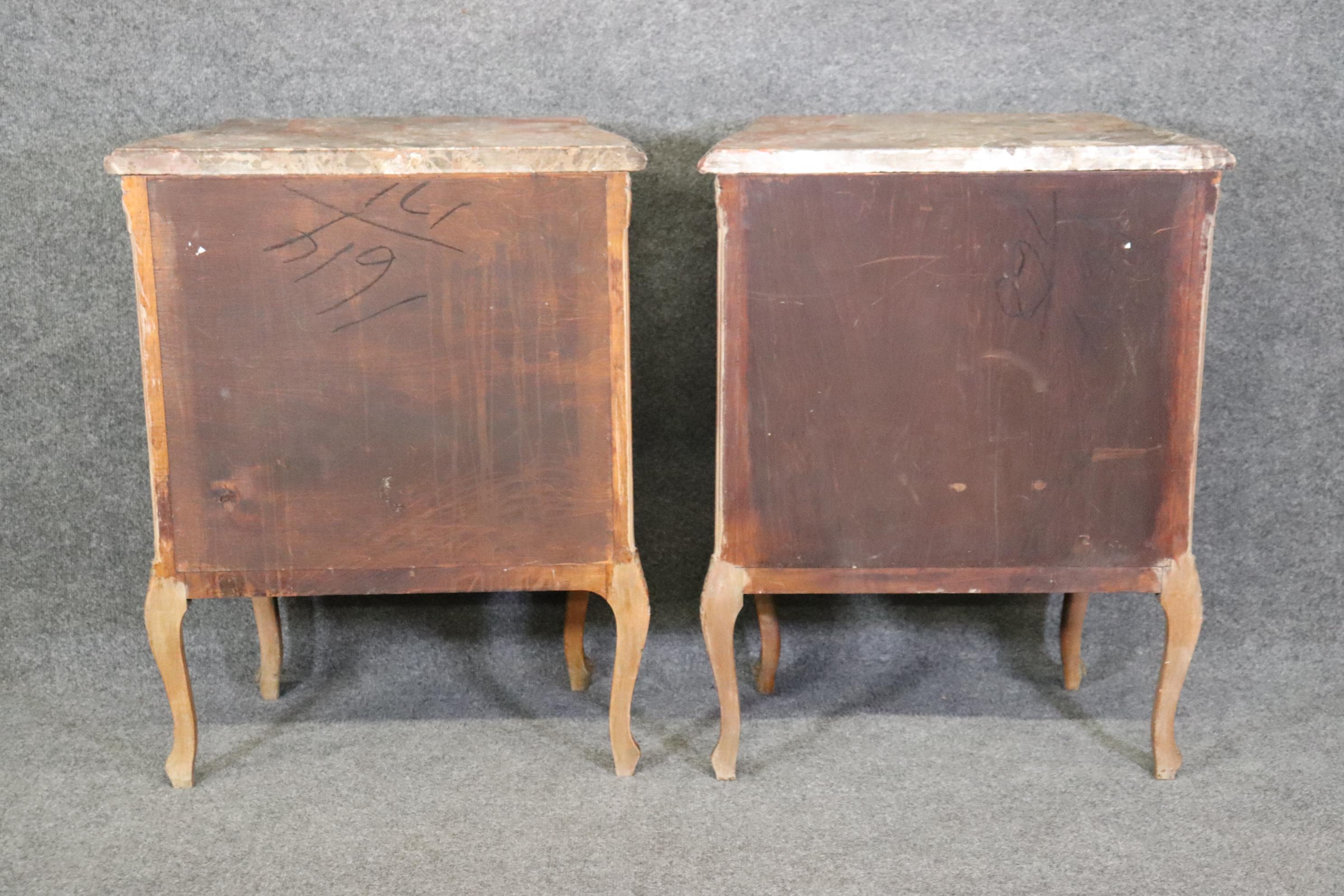 Pair of French Louis XV Style Distressed Marble Top Commodes Nightstands In Good Condition For Sale In Swedesboro, NJ