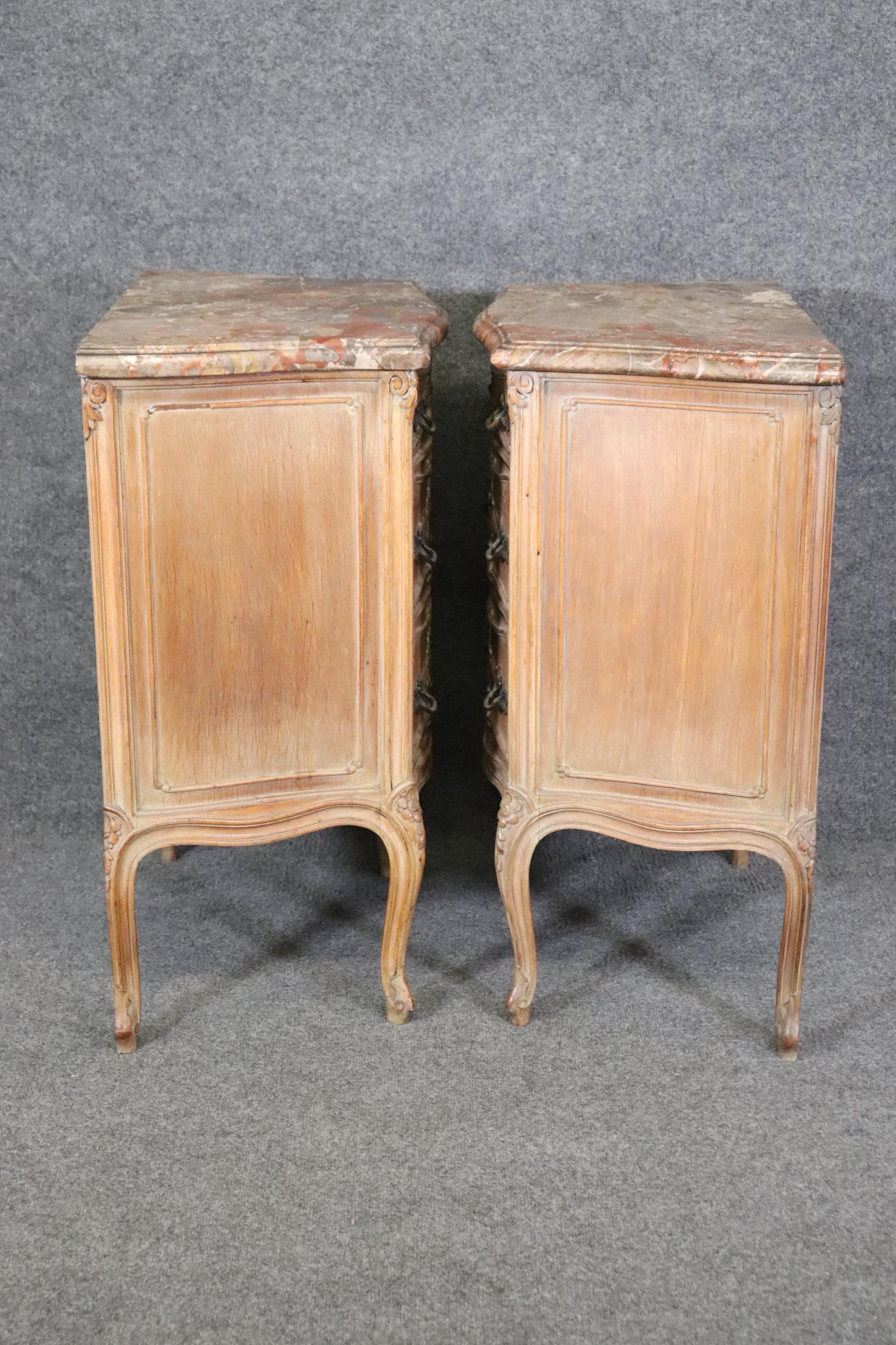 20th Century Pair of French Louis XV Style Distressed Marble Top Commodes Nightstands For Sale