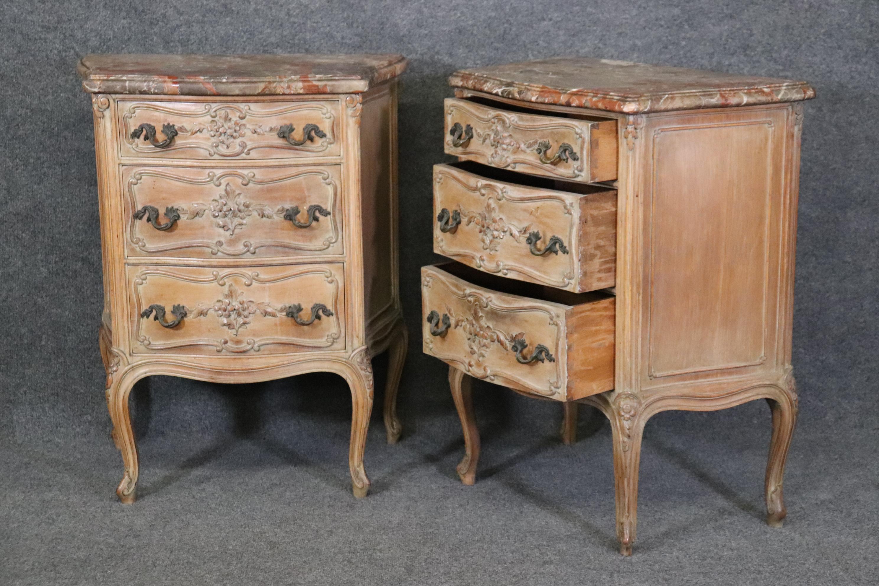 Metal Pair of French Louis XV Style Distressed Marble Top Commodes Nightstands For Sale