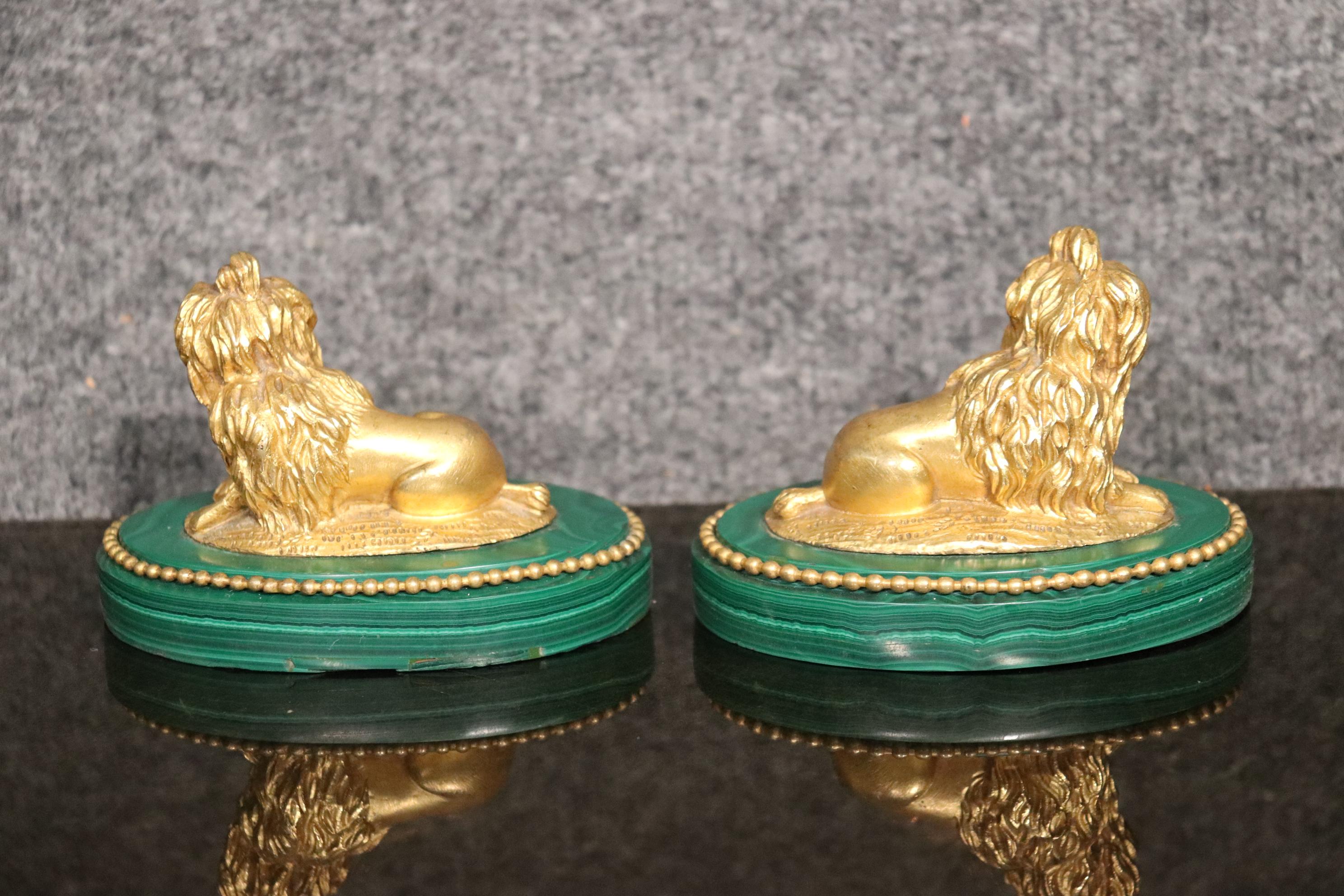 Cast Pair of French Louis XV Style Doré Bronze Dogs on Malachite Plinths For Sale