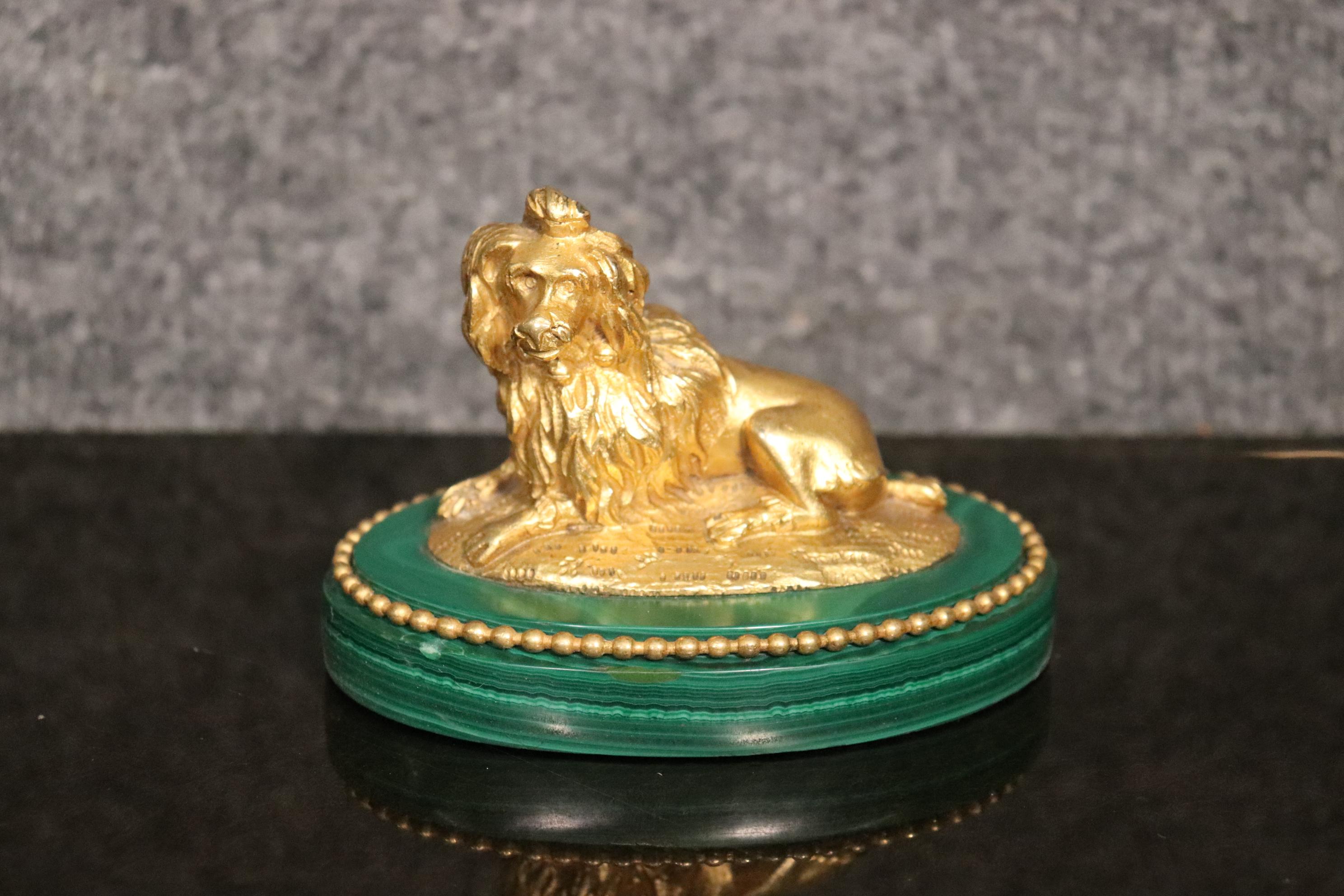 19th Century Pair of French Louis XV Style Doré Bronze Dogs on Malachite Plinths For Sale