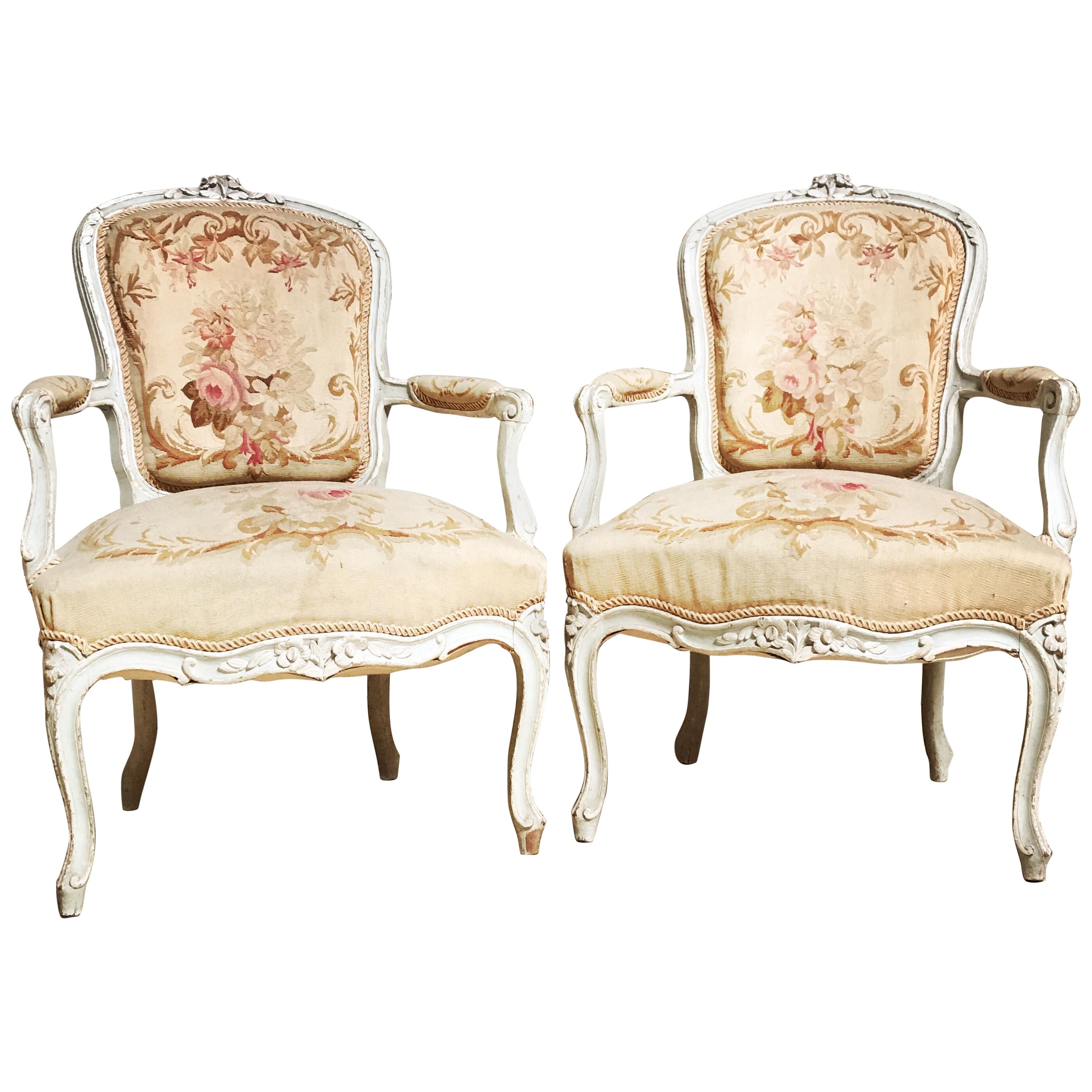 Pair of French Louis XV Style Fauteuils with Aubusson Tapestry