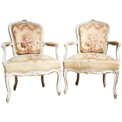 Antique Pair of French Louis XV Style Fauteuils with Aubusson Tapestry