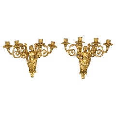 Pair of French Louis XV Style Figural Bronze Ormolu Sconces By Maison Millet