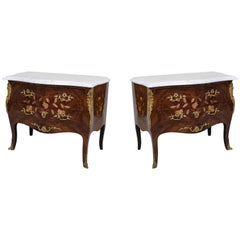 Pair of French Louis XV Style Floral Inlaid Bedside Commodes