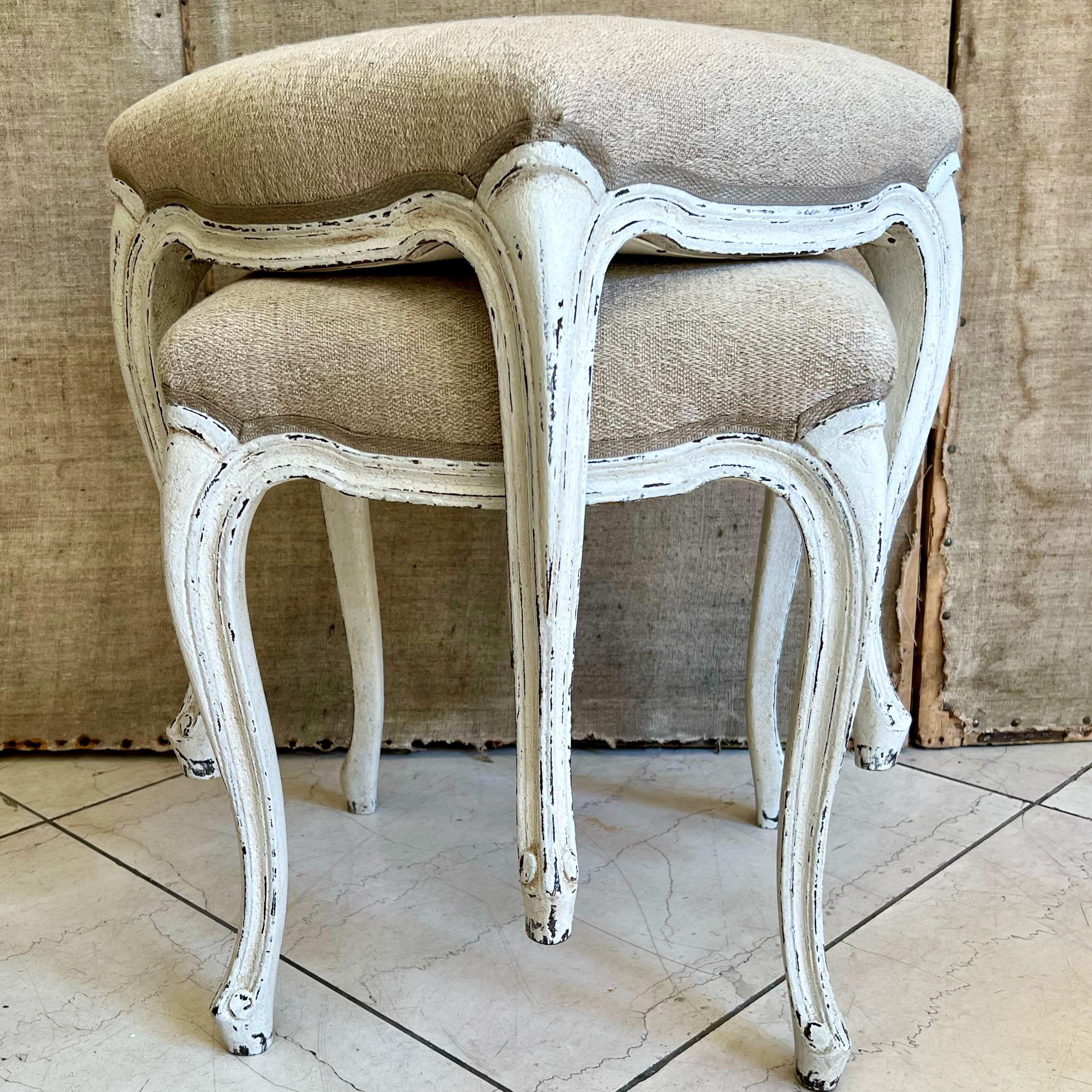 Fabric Pair of French Louis XV Style Footstools/Tabourets
