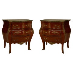 Pair of French Louis XV Style Fruitwood and Green Marble Bombe Bedside Tables