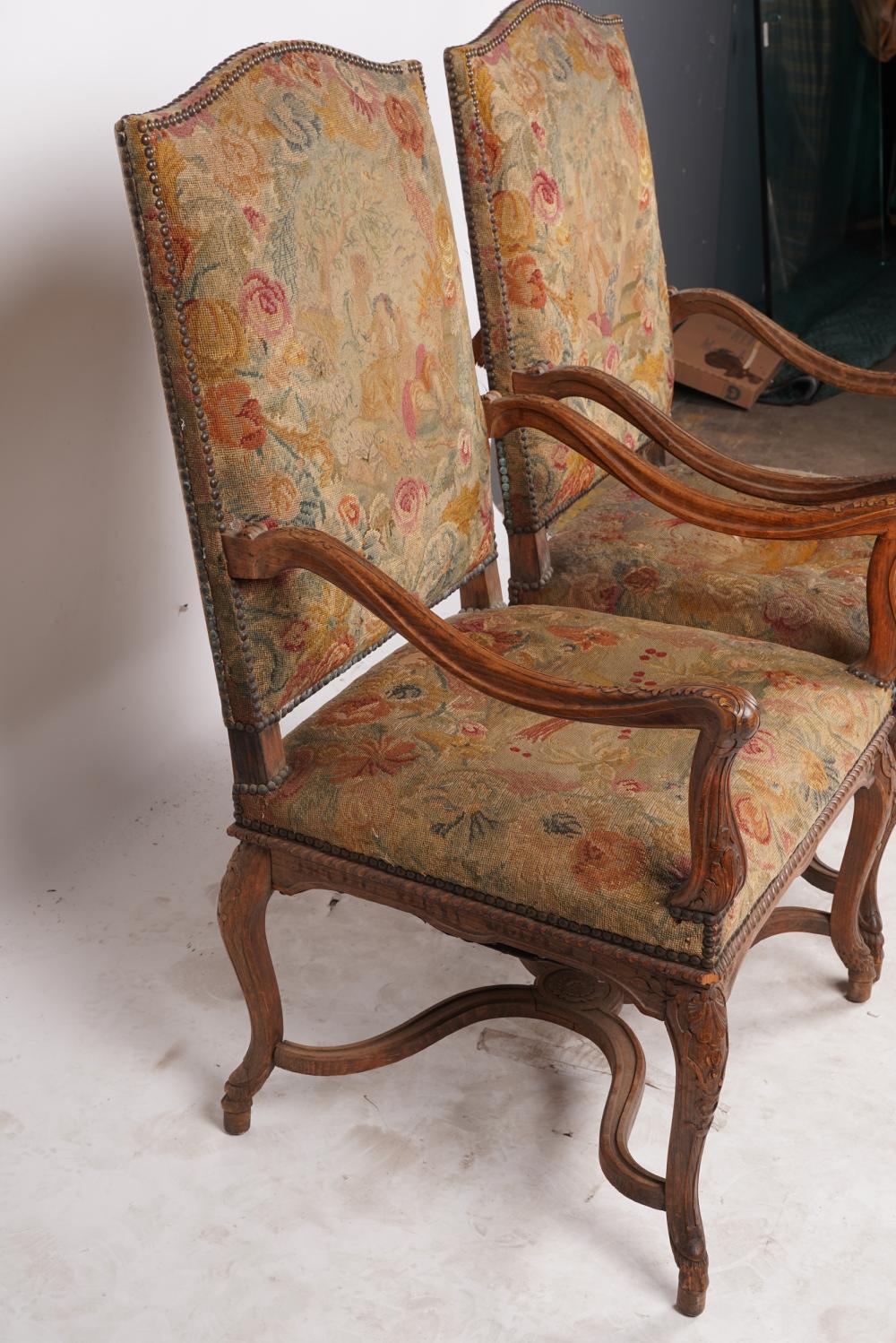 Hand-Carved Antique Pair French Louis XV Style Fruitwood Fauteuil Arm Chairs Circa 1890 For Sale