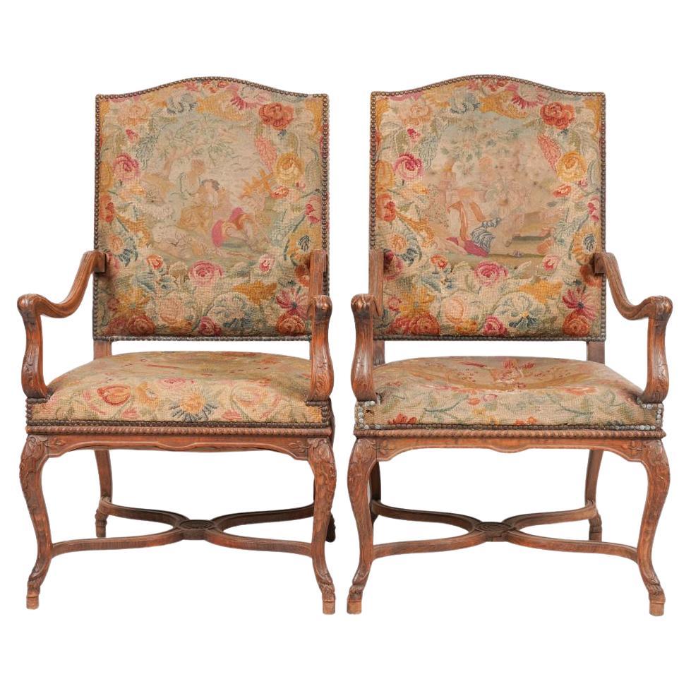 Antique Pair French Louis XV Style Fruitwood Fauteuil Arm Chairs Circa 1890 For Sale