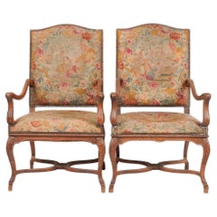 Antique Pair French Louis XV Style Fruitwood Fauteuil Arm Chairs Circa 1890