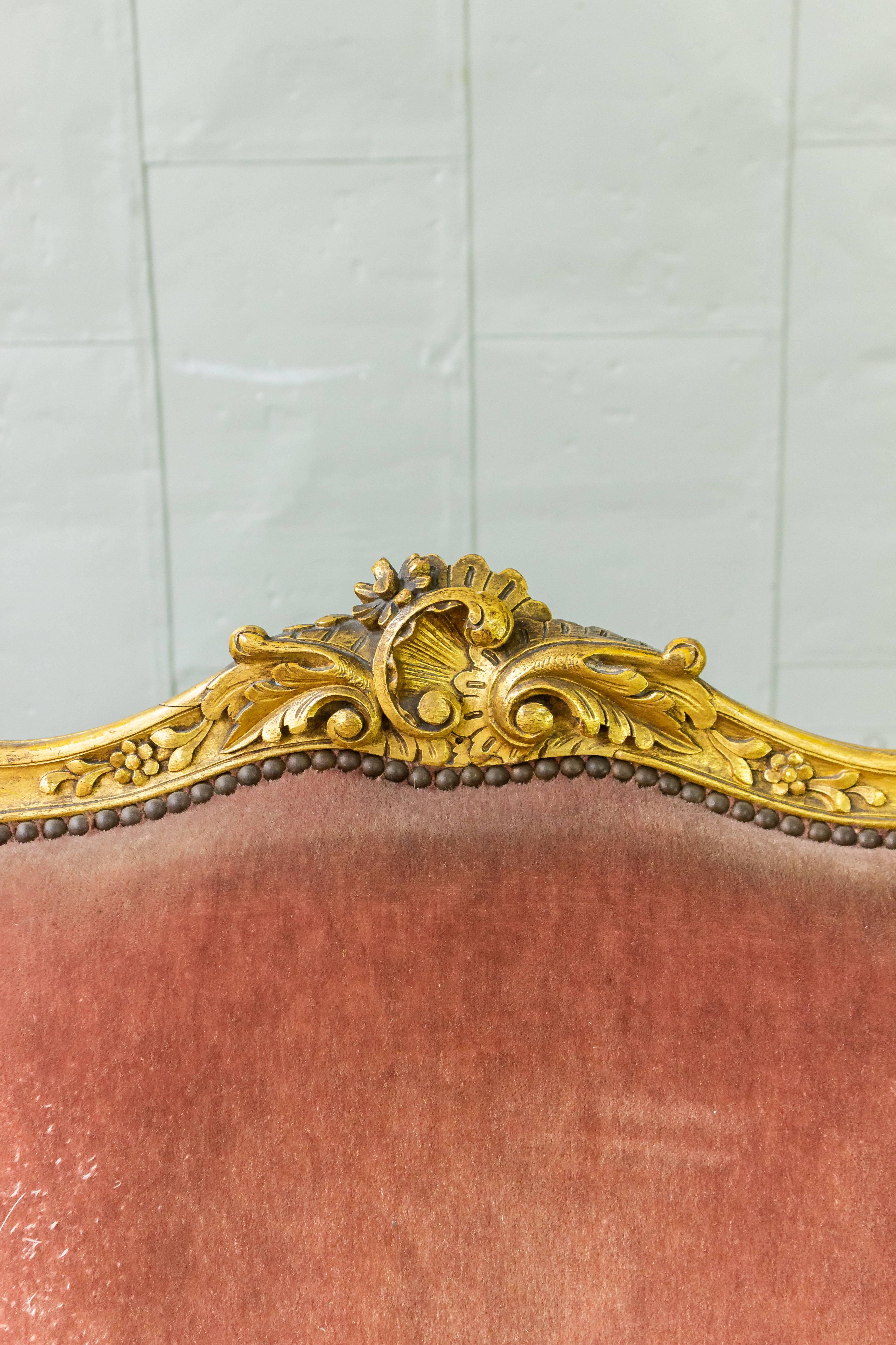 Pair of French Louis XV Style Gilt Armchairs in Faded Salmon Velvet 8
