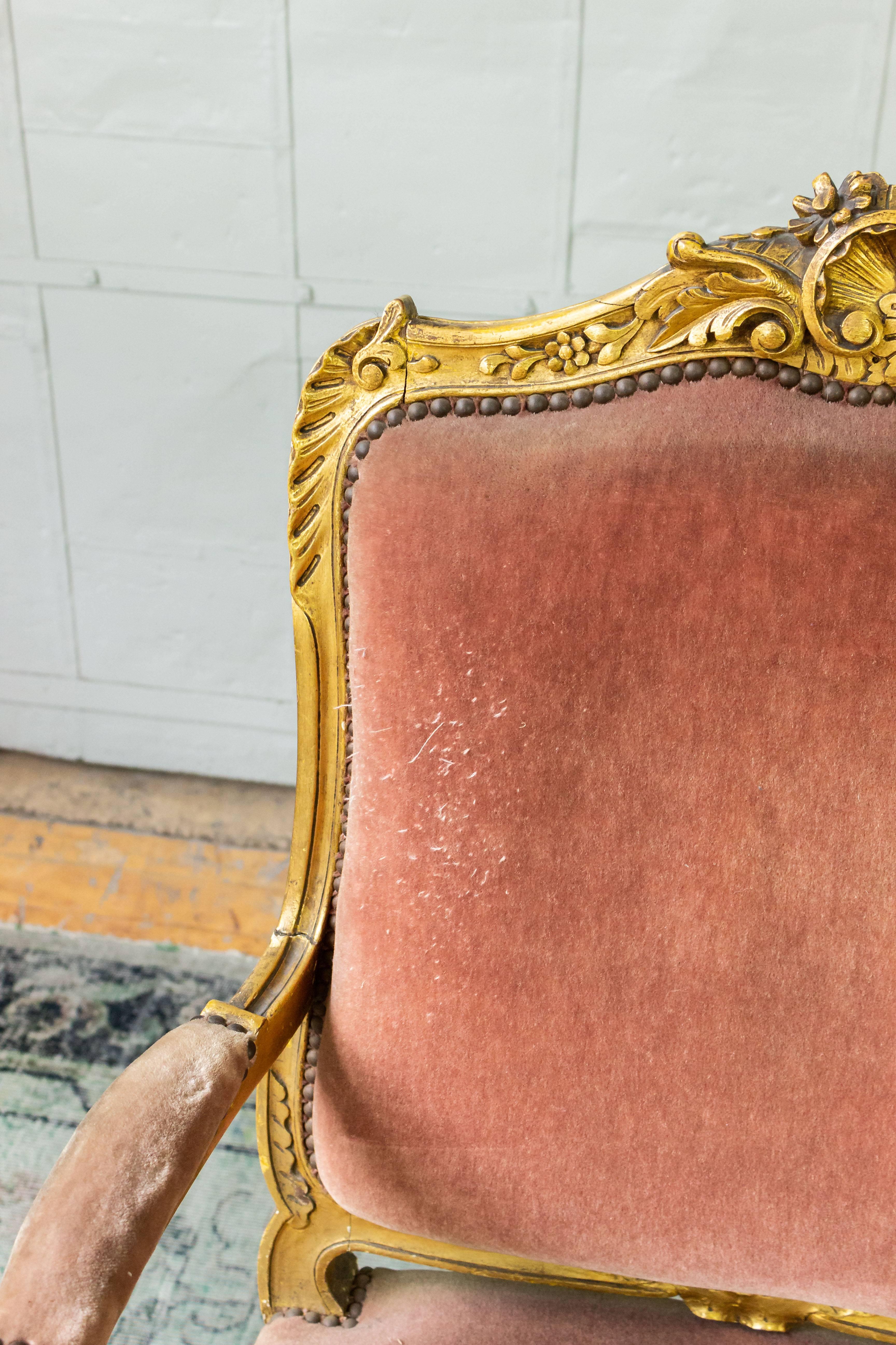 Pair of French Louis XV Style Gilt Armchairs in Faded Salmon Velvet 9