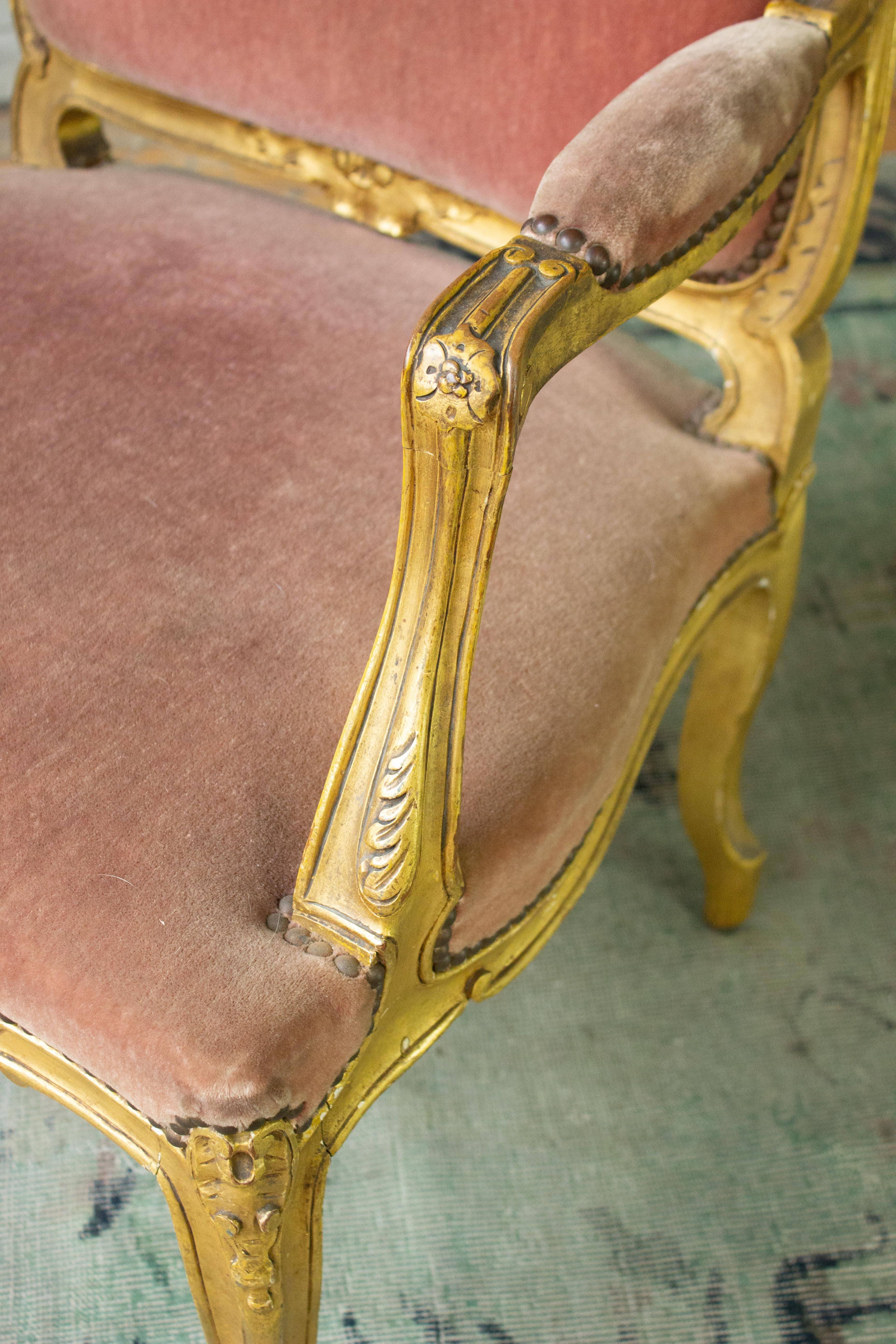 Pair of French Louis XV Style Gilt Armchairs in Faded Salmon Velvet 10