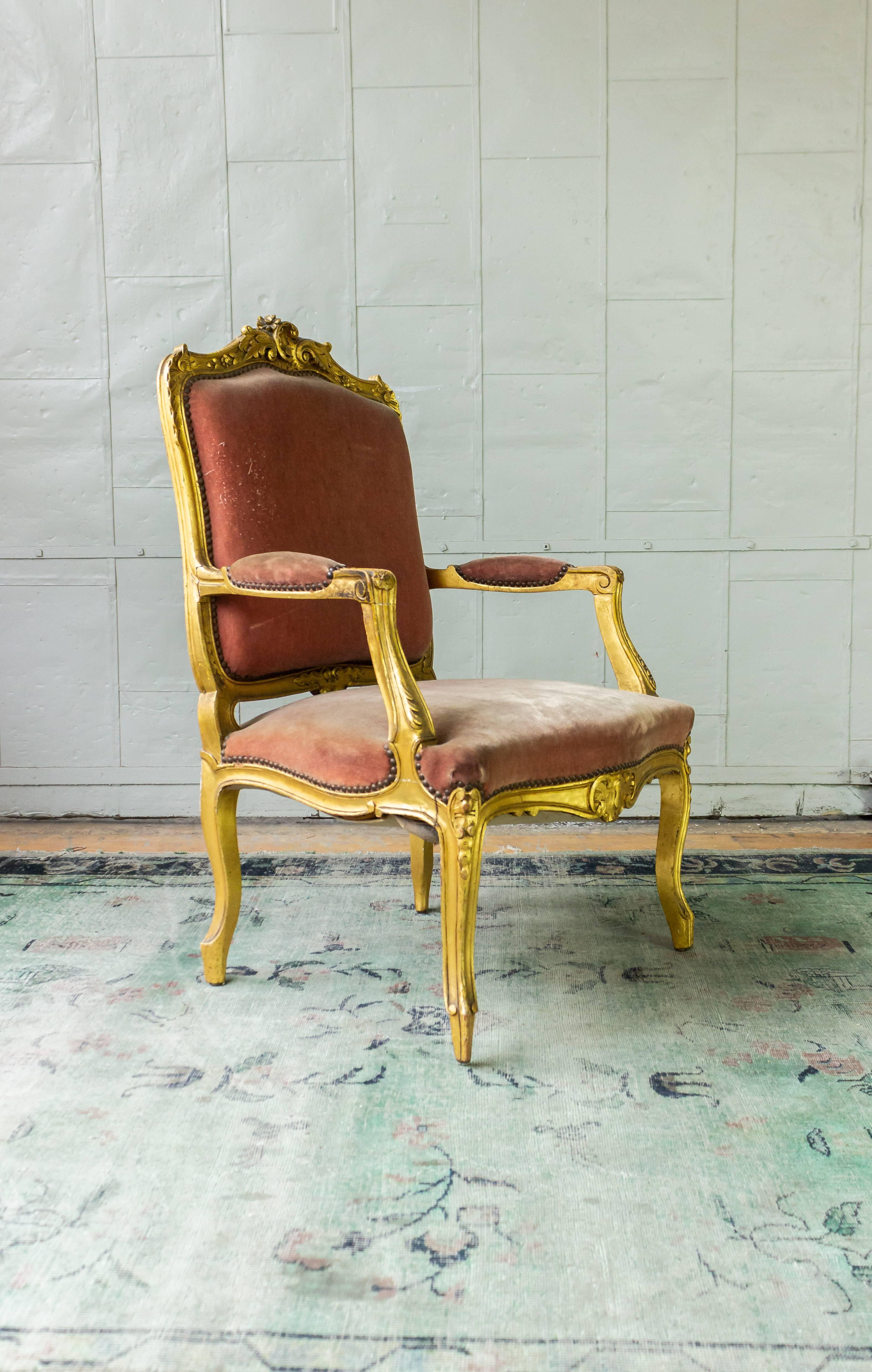Fabric Pair of French Louis XV Style Gilt Armchairs in Faded Salmon Velvet