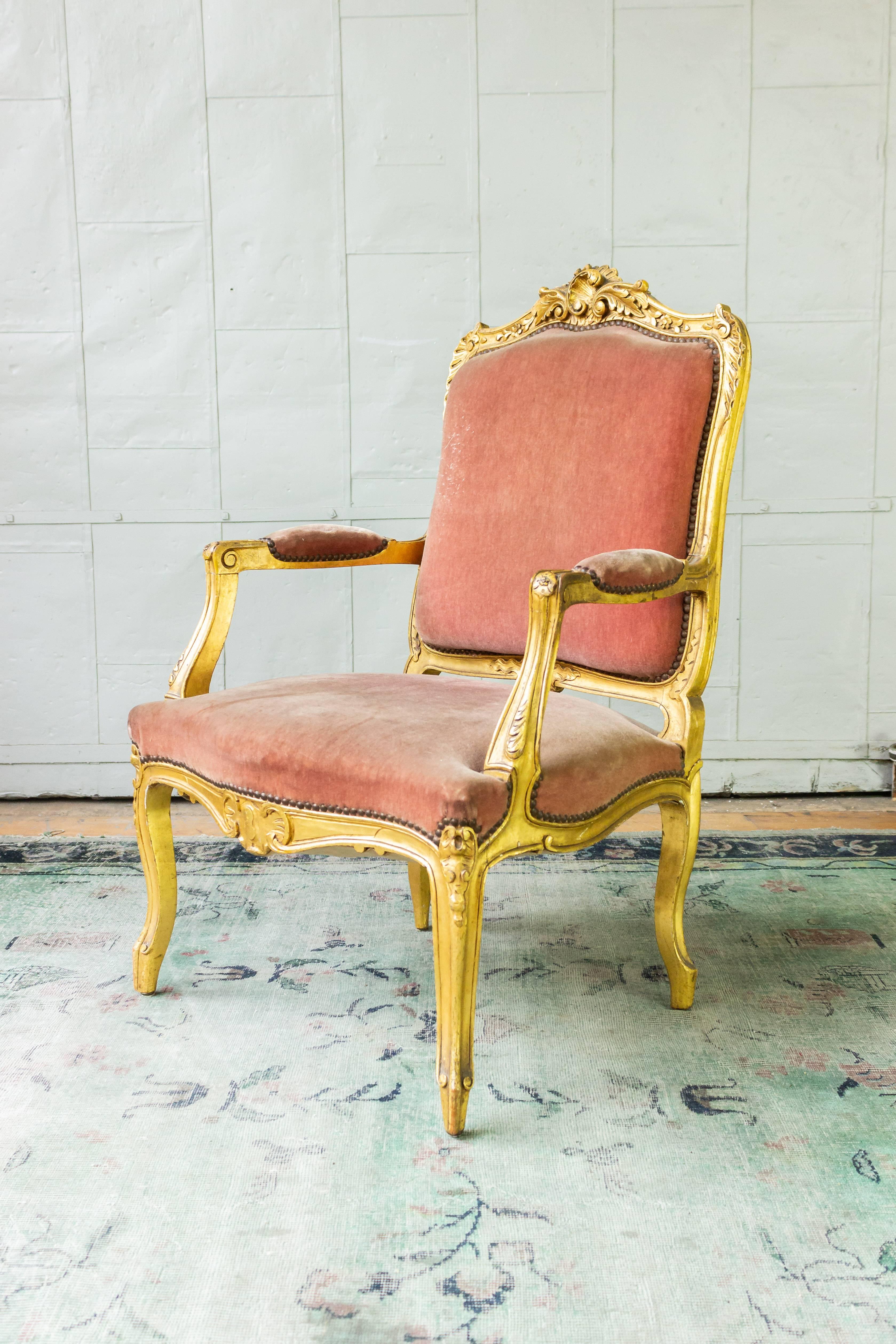 Pair of French Louis XV Style Gilt Armchairs in Faded Salmon Velvet 1