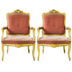 Pair of French Louis XV Style Gilt Armchairs in Faded Salmon Velvet