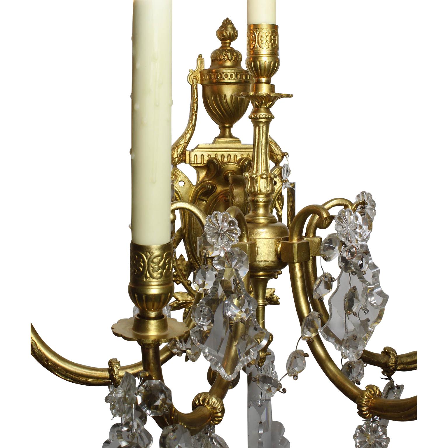 Pair of French Louis XV Style Gilt-Bronze and Cut-Glass Wall Lights In Good Condition In Los Angeles, CA