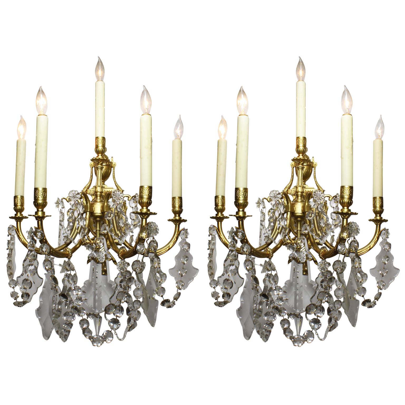 Pair of French Louis XV Style Gilt-Bronze and Cut-Glass Wall Lights