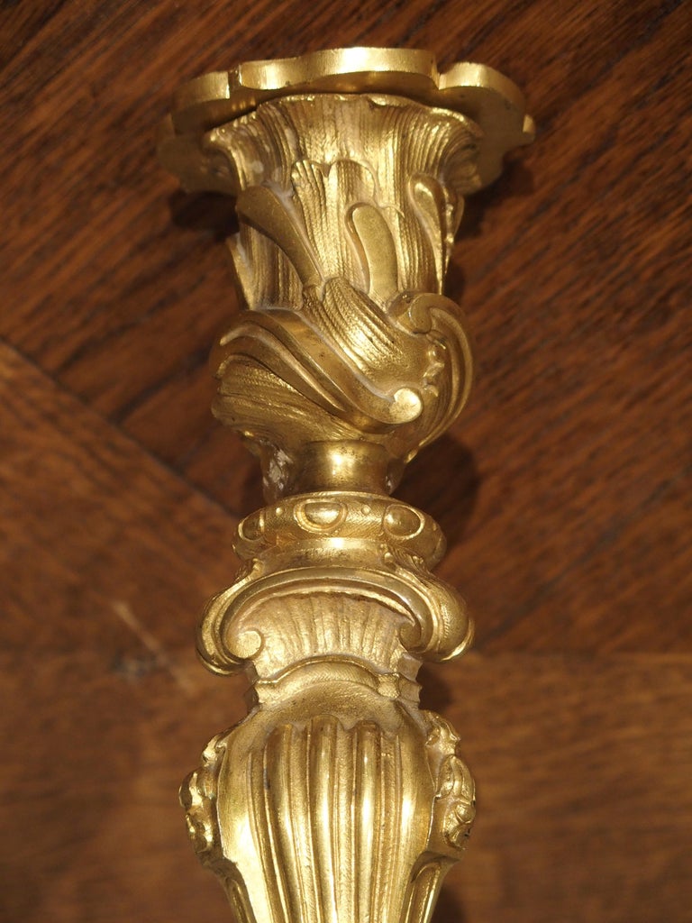 Pair of French Louis XV Style Gilt Bronze Candlesticks, 19th Century For Sale 8